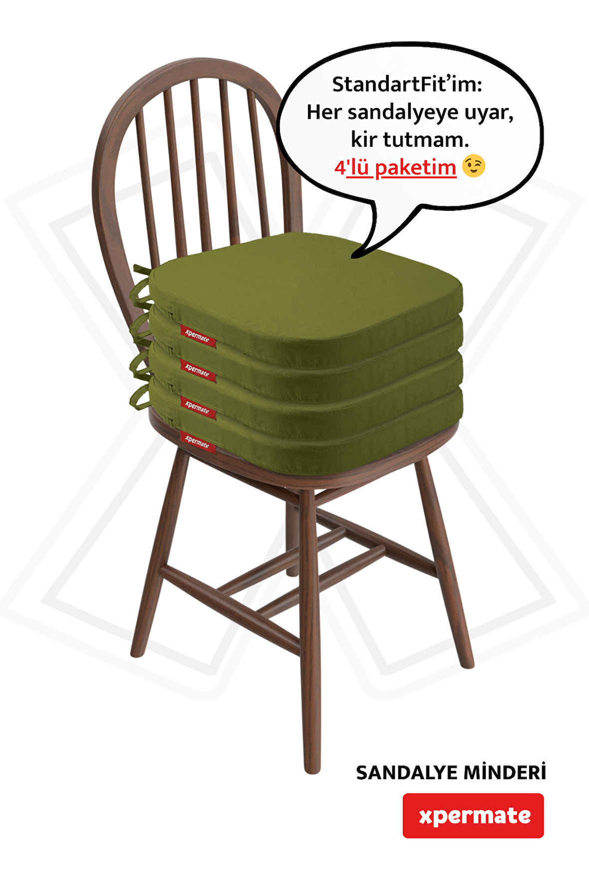 XPERMATE 4'lü StandartFit Oval Sandalye Minderi Fermuarlı Yıkanabilir Kılıf Bağcıklı Su ve Yağ İtici 42x42x5 Yeşil