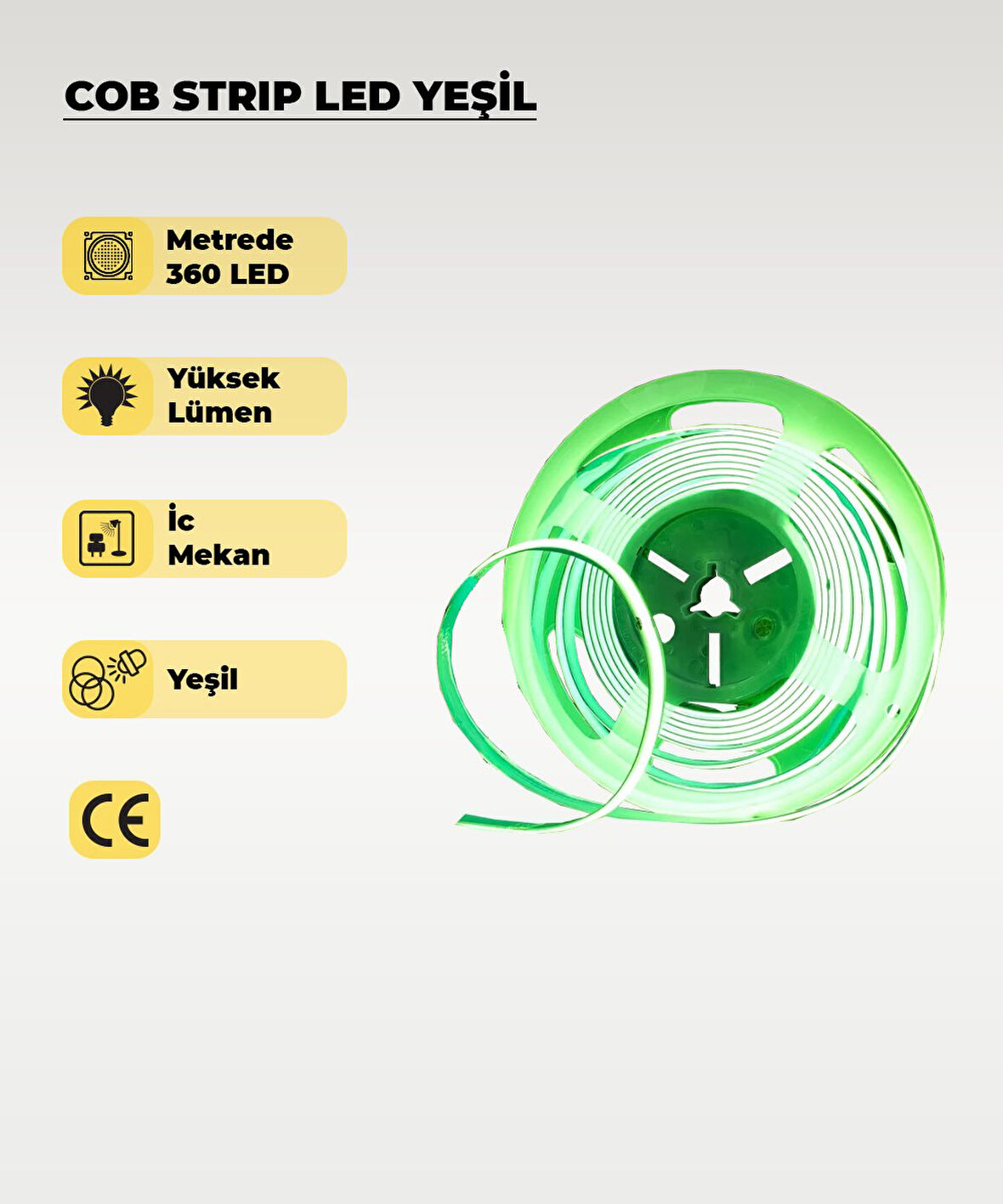 12V COB Şerit Led Yeşil Işık  - Metrede 360 Led - 5 Metre