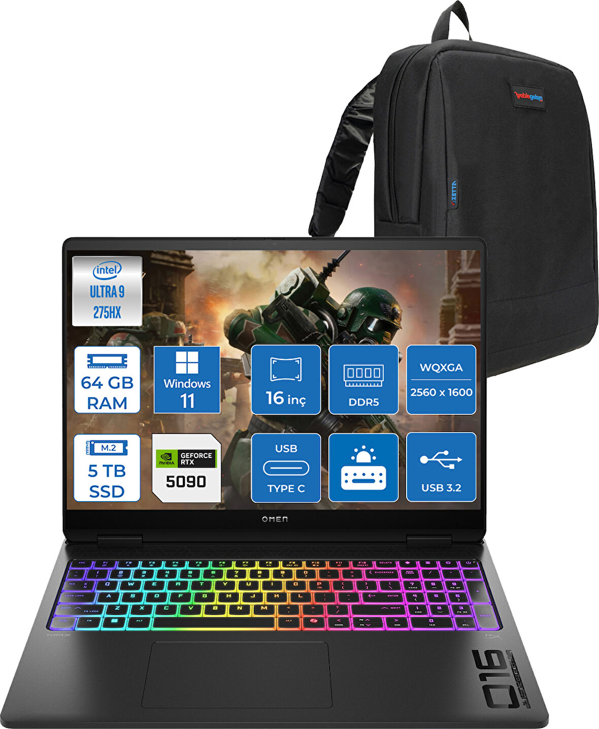 Hp Omen Max 16-AH0004NT Intel Core Ultra 9 275HX 64GB Ddr5 1tb SSD + 4tb SSD 24GB Nvıdıa RTX5090 16 Inç 500NITS 2k Wqxga 240Hz 3ms IPS Windows 11 Home Siyah OB92QMEAH16 + Zetta Çanta