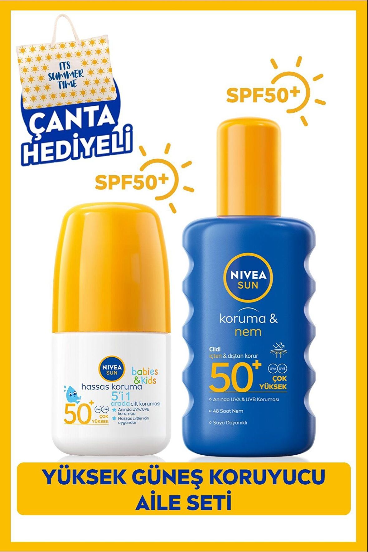 Nivea Sun Çocuklar Için Güneş Koruyucu Roll-on 50ml Ve Koruma Nem Vücut Spreyi 200ml, Spf50, Çanta