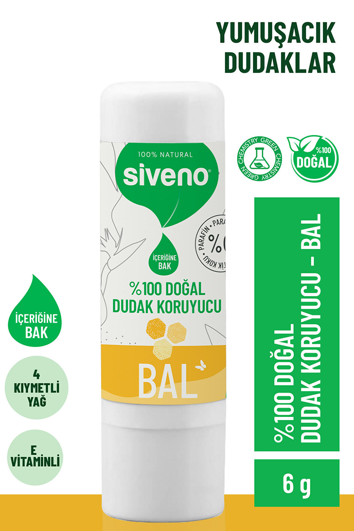 Siveno %100 Doğal Dudak Koruyucu Bal Bitkisel Lipbalm Dudak Kremi Nemlendirici Parlatıcı Onarıcı 6 G