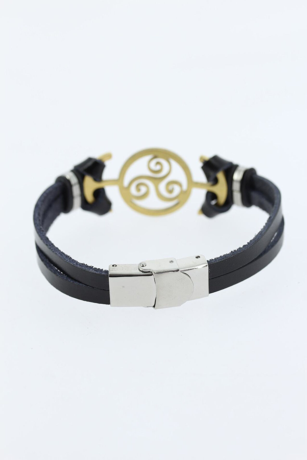 Gold Renk Metal Aksesuarlı Siyah Renk Deri Erkek Bileklik