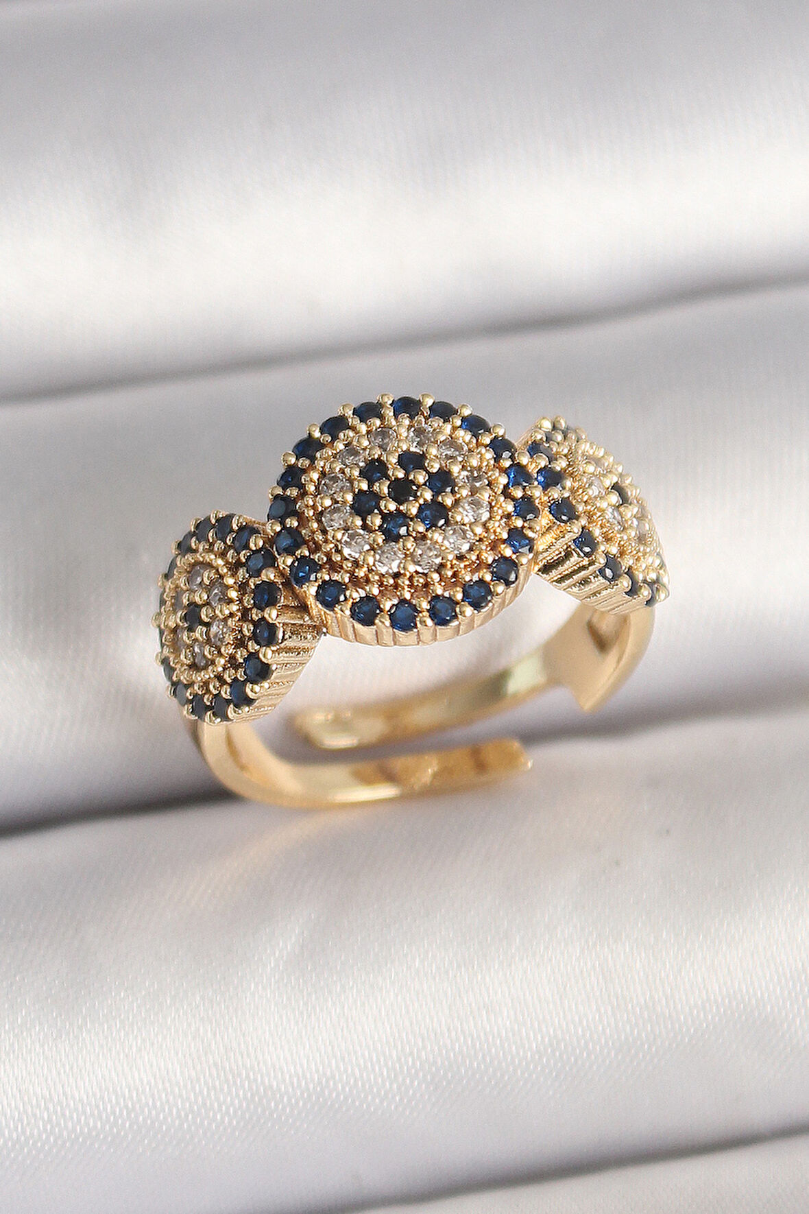 Pirinç Gold Renk Zirkon Taşlı Nazar Boncuk Model Ayarlanabilir Model Kadın Yüzük