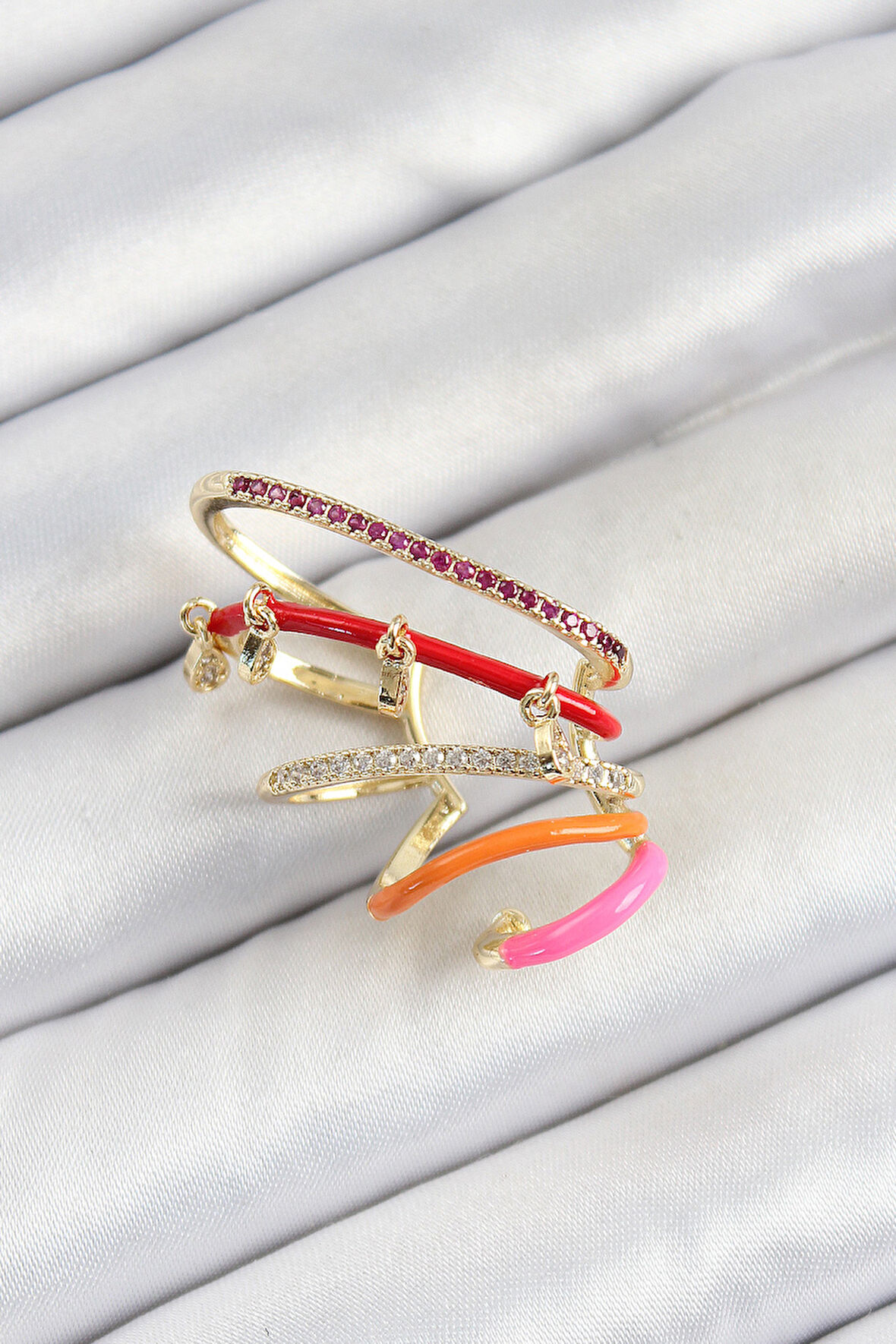 Pirinç Zirkon Taşlı Kırmızı Turuncu Pembe Sıkıştırma Sağ Kıkırdak Gold Renk Kadın Küpe