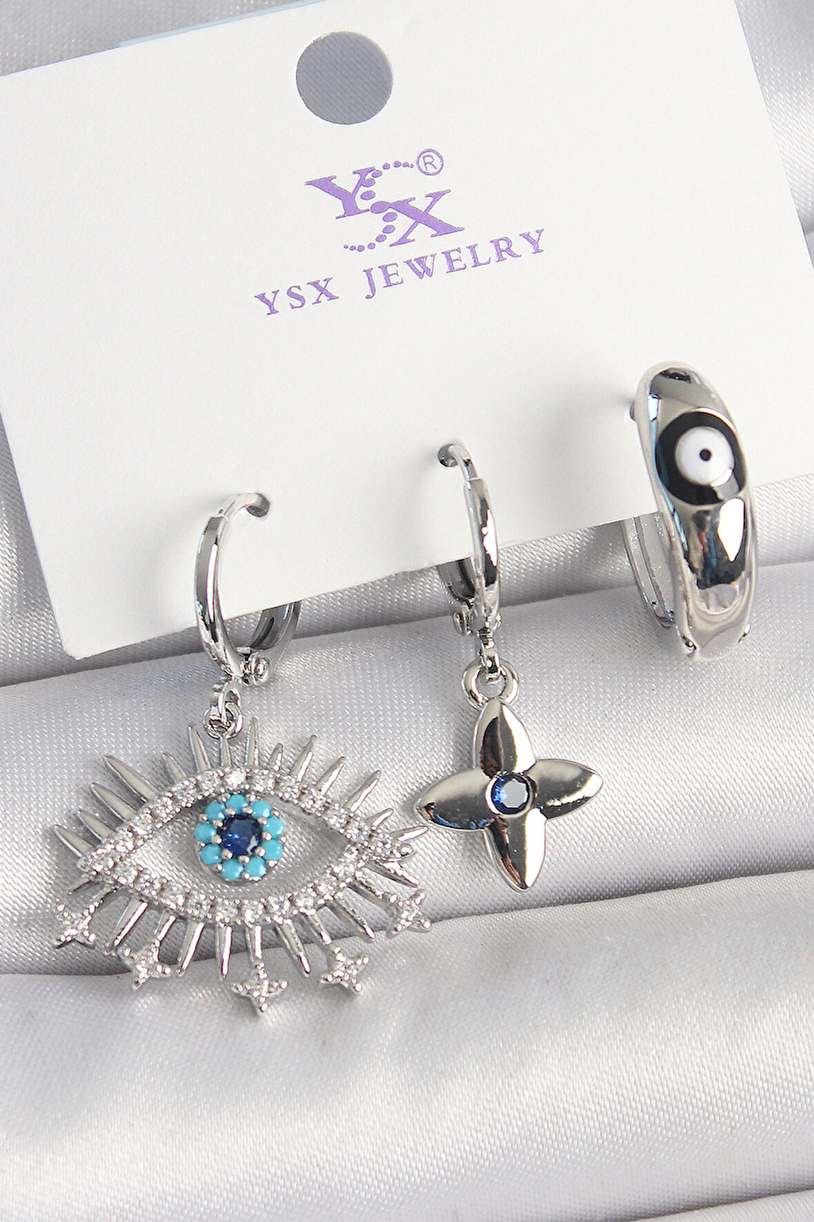 Pirinç Gümüş Renk Zirkon Taşlı Göz Model Nazar Boncuk Detay 3'Lü Kadın Kombin Küpe