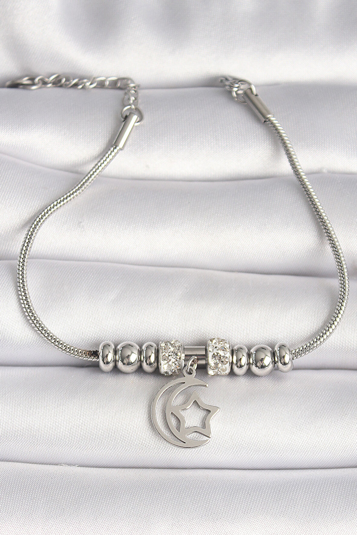 316L Çelik Gümüş Renk Tüp Zincir Zirkon Taş Detaylı Sallantı Ay Yıldız Figür Kadın Bileklik