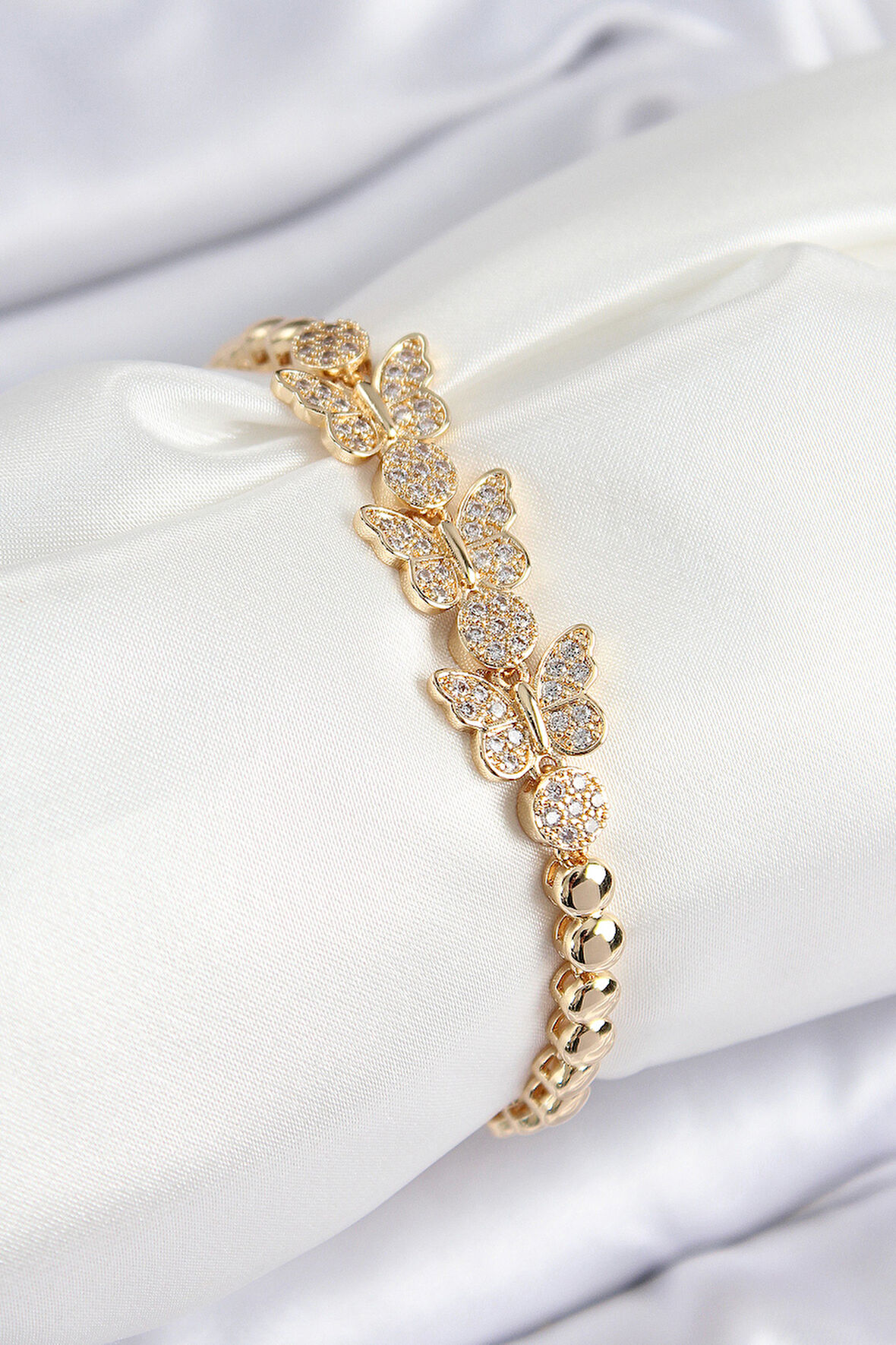 Pirinç Zirkon Taşlı Kelebek Model Gold Renk Kadın Bileklik