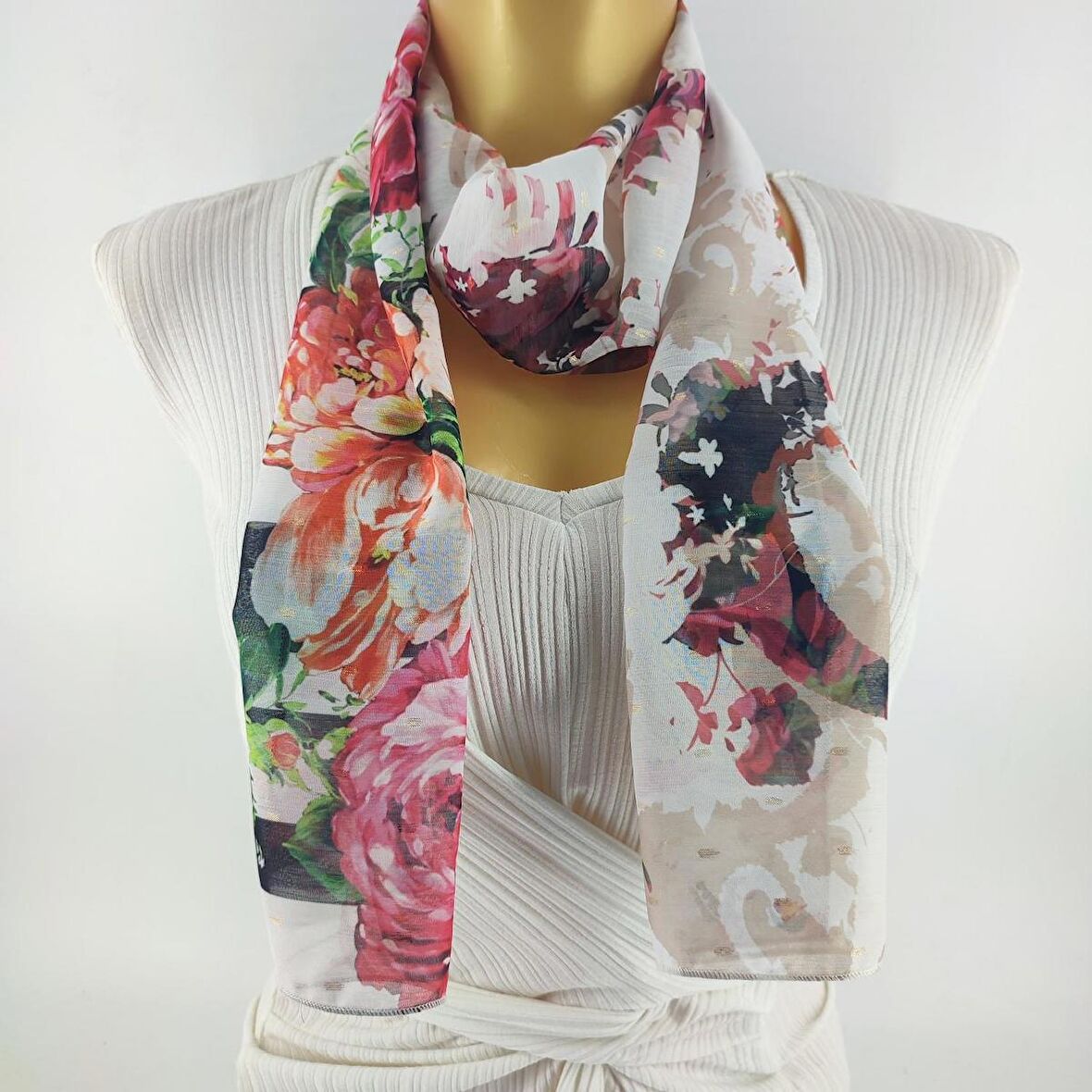 PAREDORA Floral Bordo Krem Uzun Fular