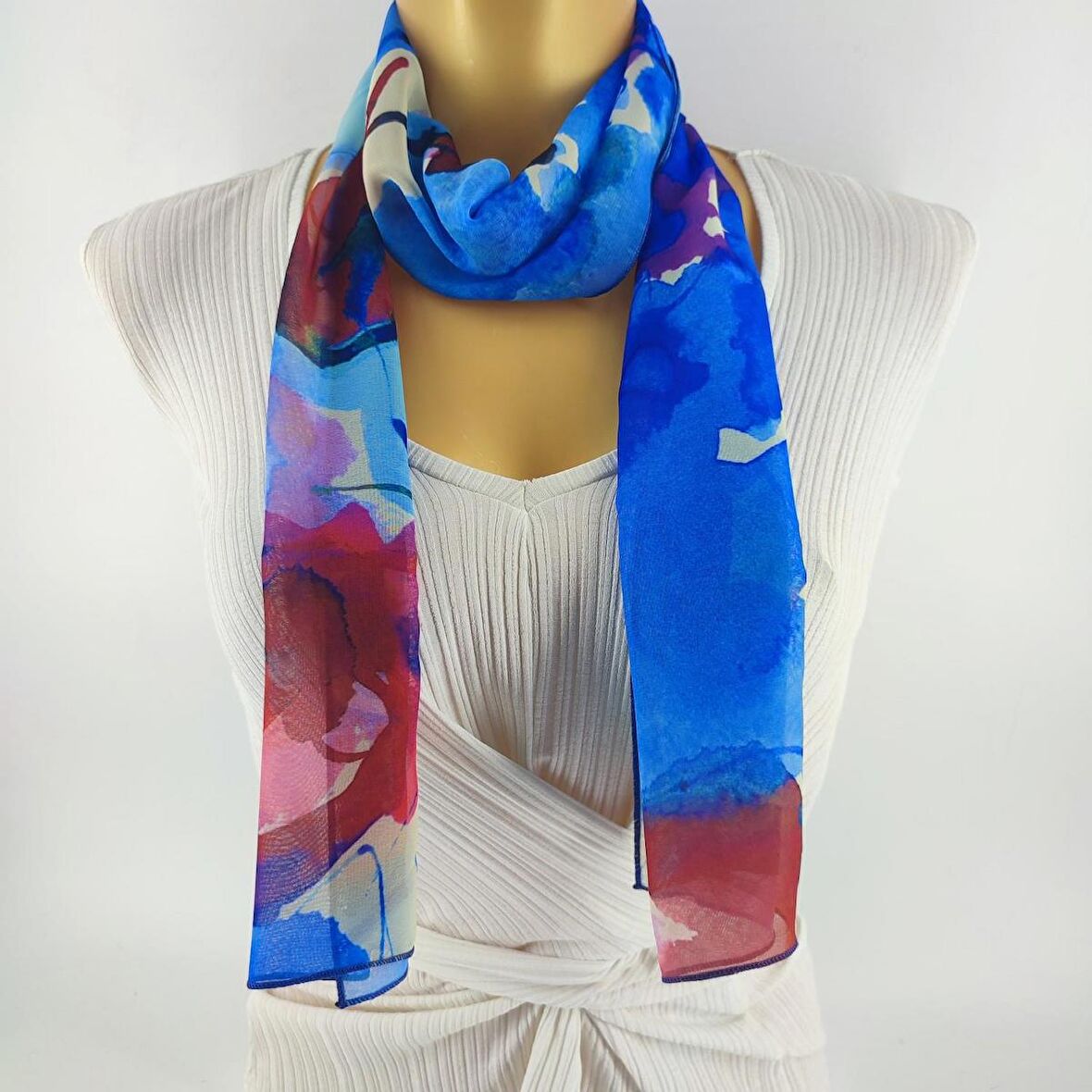 PAREDORA Tablo Desenli Mavi Kırmızı Uzun Fular