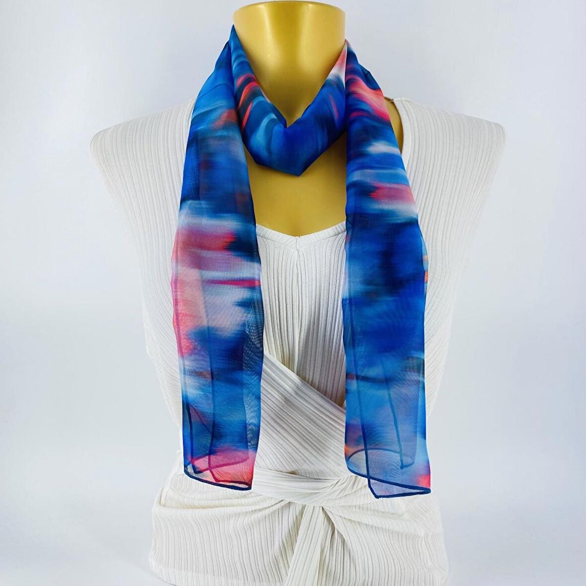 PAREDORA Bulut Desenli Mavi Pembe  Uzun Fular