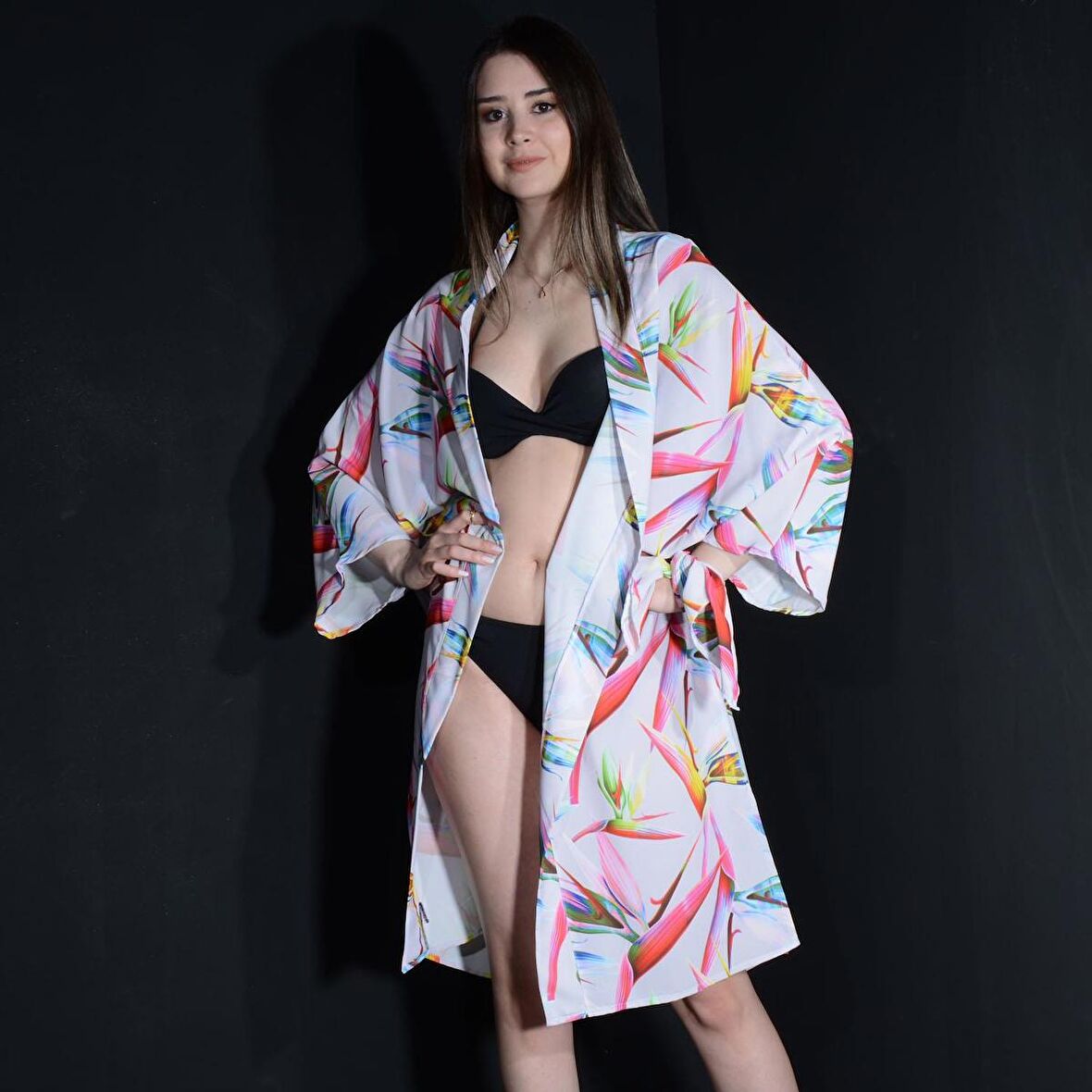 PAREDORA Beyaz Yaprak Desenli Kimono Pareo