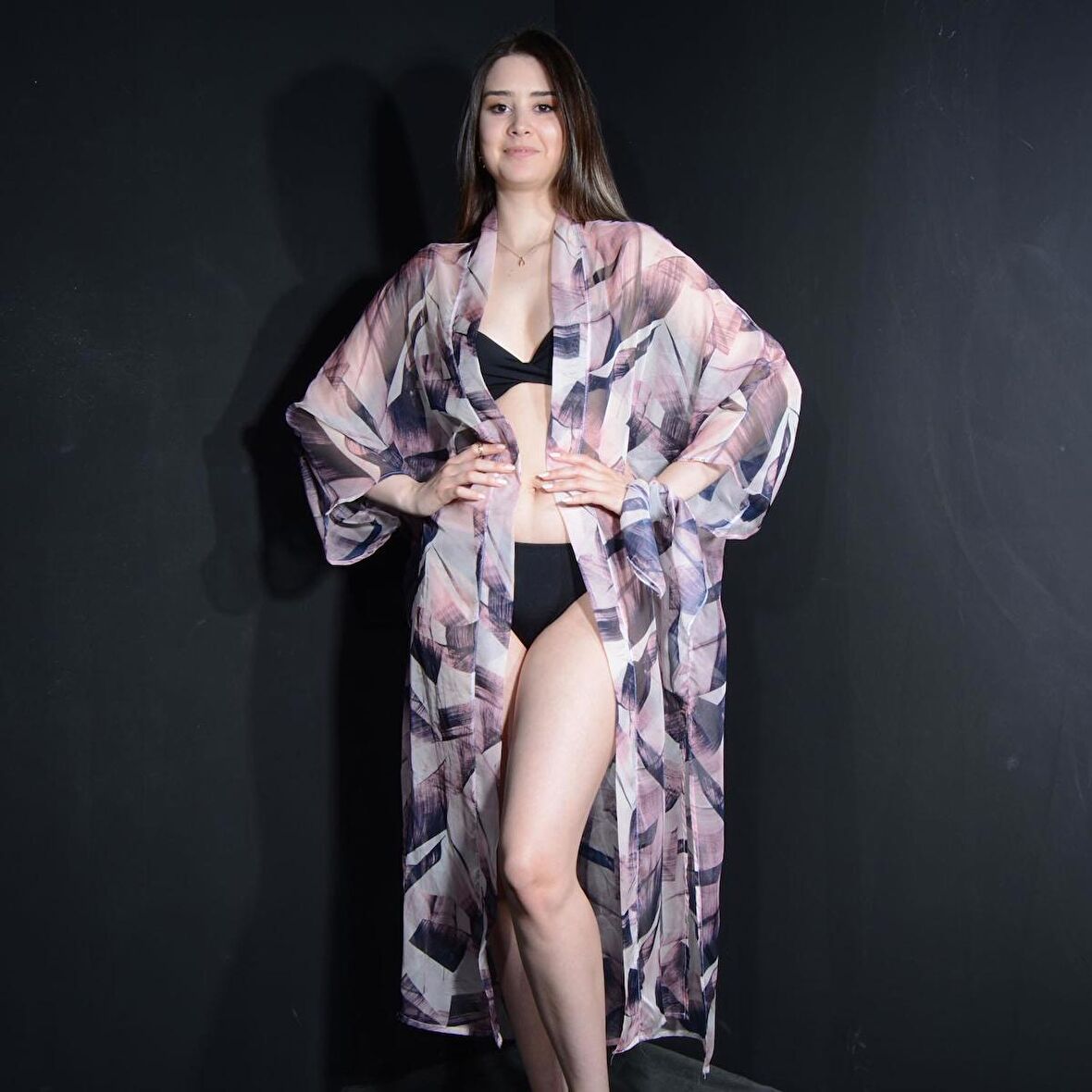 PAREDORA Eflatun Fırça Desenli Kimono Pareo