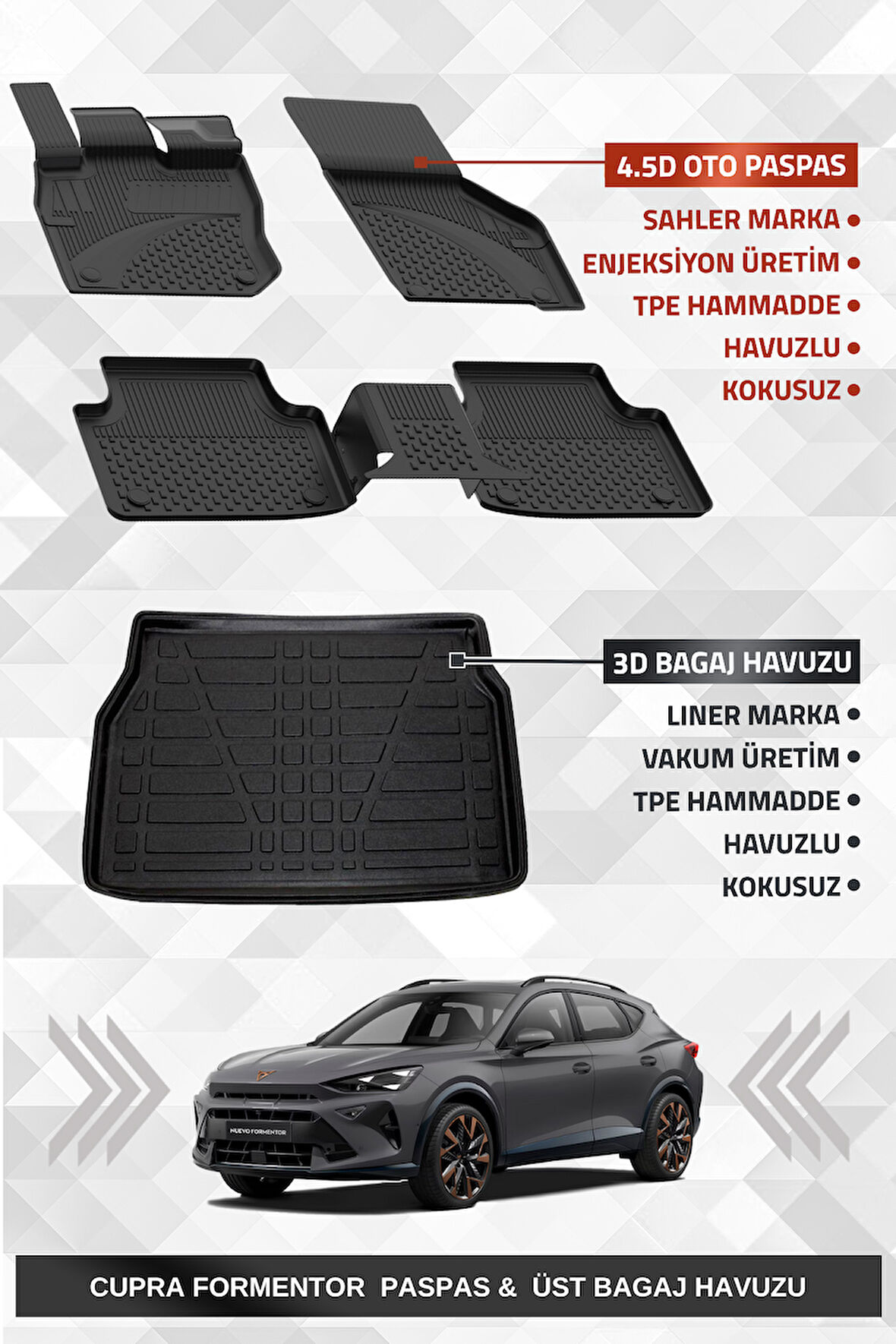 Sahler Cupra Formentor Mild Hybrid 2024+ Uyumlu 4.5D Premium Havuzlu Oto Paspas ve Liner Marka 3D ÜST Bagaj Havuzu