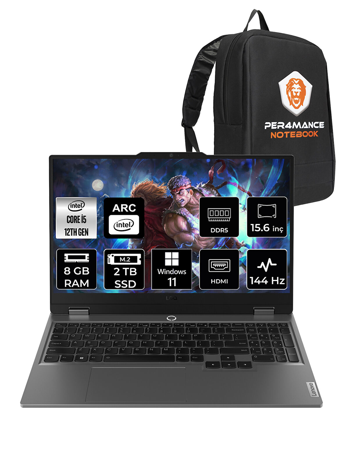 Lenovo LOQ  i5-12450HX 8GB 2TB SSD A530M/4GB 15.6" FHD 144Hz W11P 83FQ000UTR & PER4 ÇANTA
