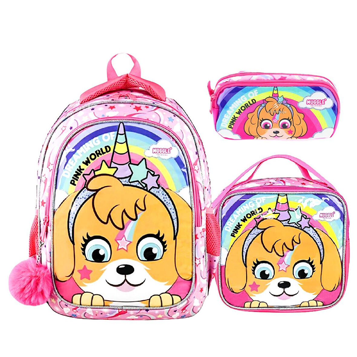 Muggle 2 Bölmeli Pink World Okul Çantası + Beslenme Çantası + Kalemlik