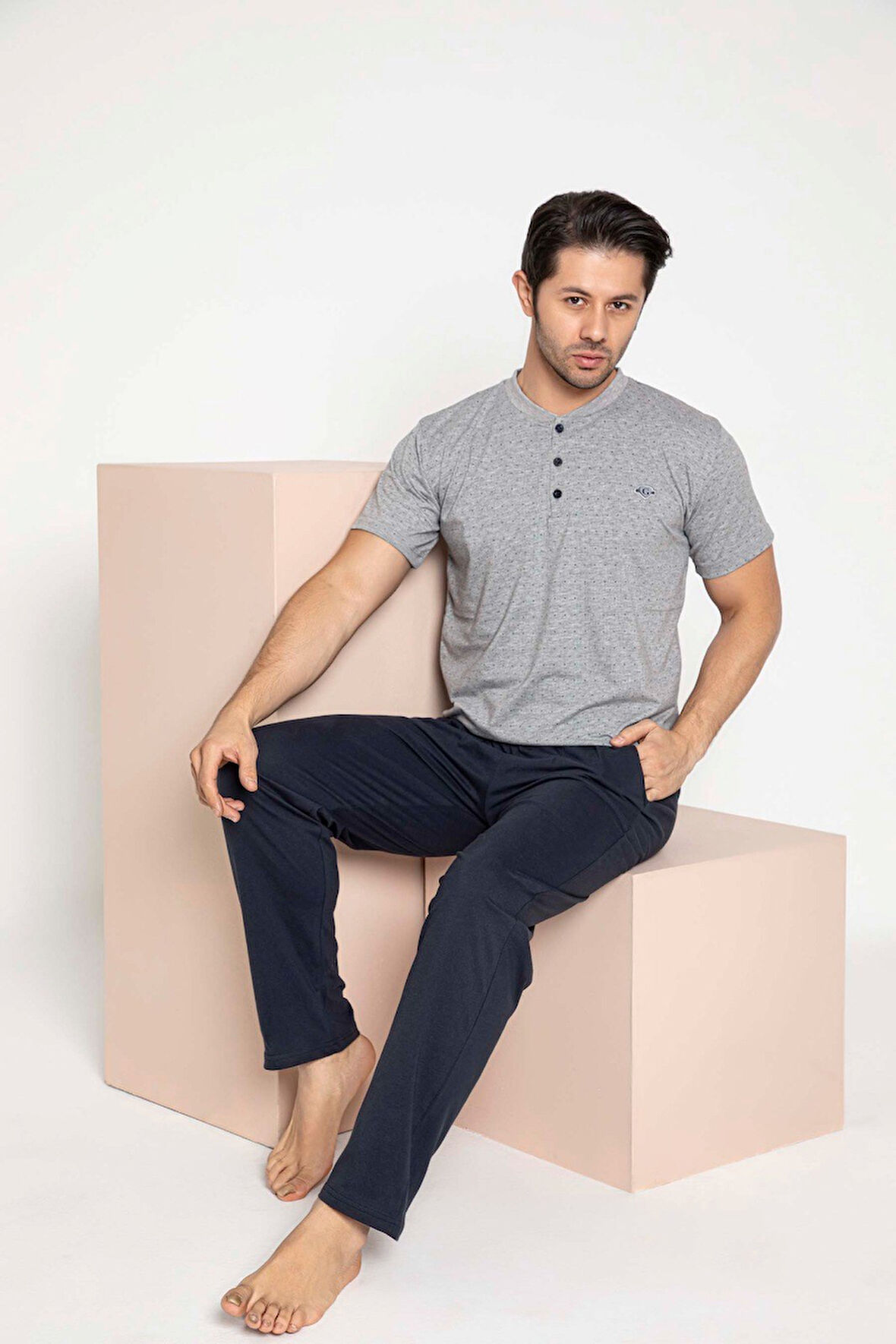 Erkek Ekose Desen 3 Düğmeli Bisiklet Yaka Bilek Manşetli Modal Mevsimlik Uzun Kol Cepli Pijama Takım