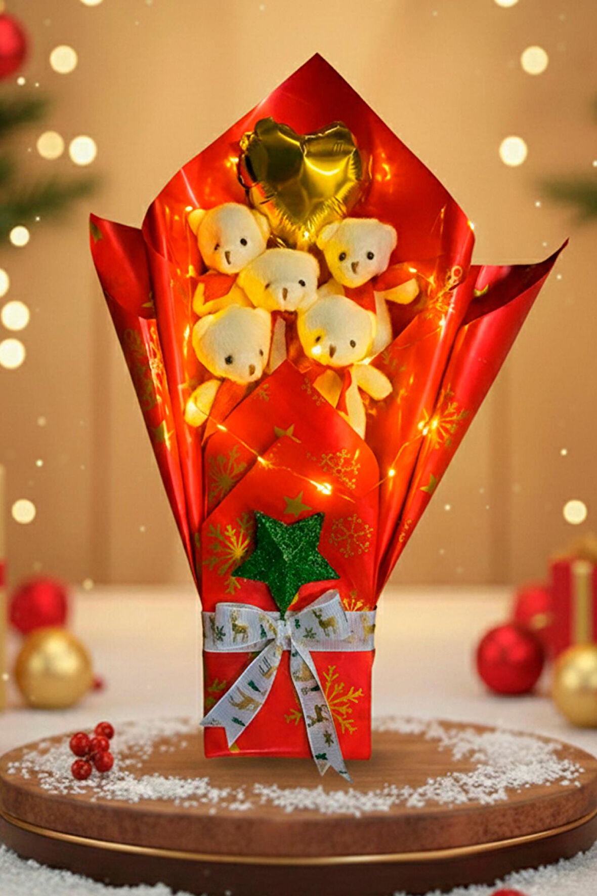 Premium Özel Yeniyıl - Yılbaşı Konsepti  LED Işıklı Romantik Kırmızı - Beyaz Peluş Ayıcık Buketi-Sevdiklerinize Özel...