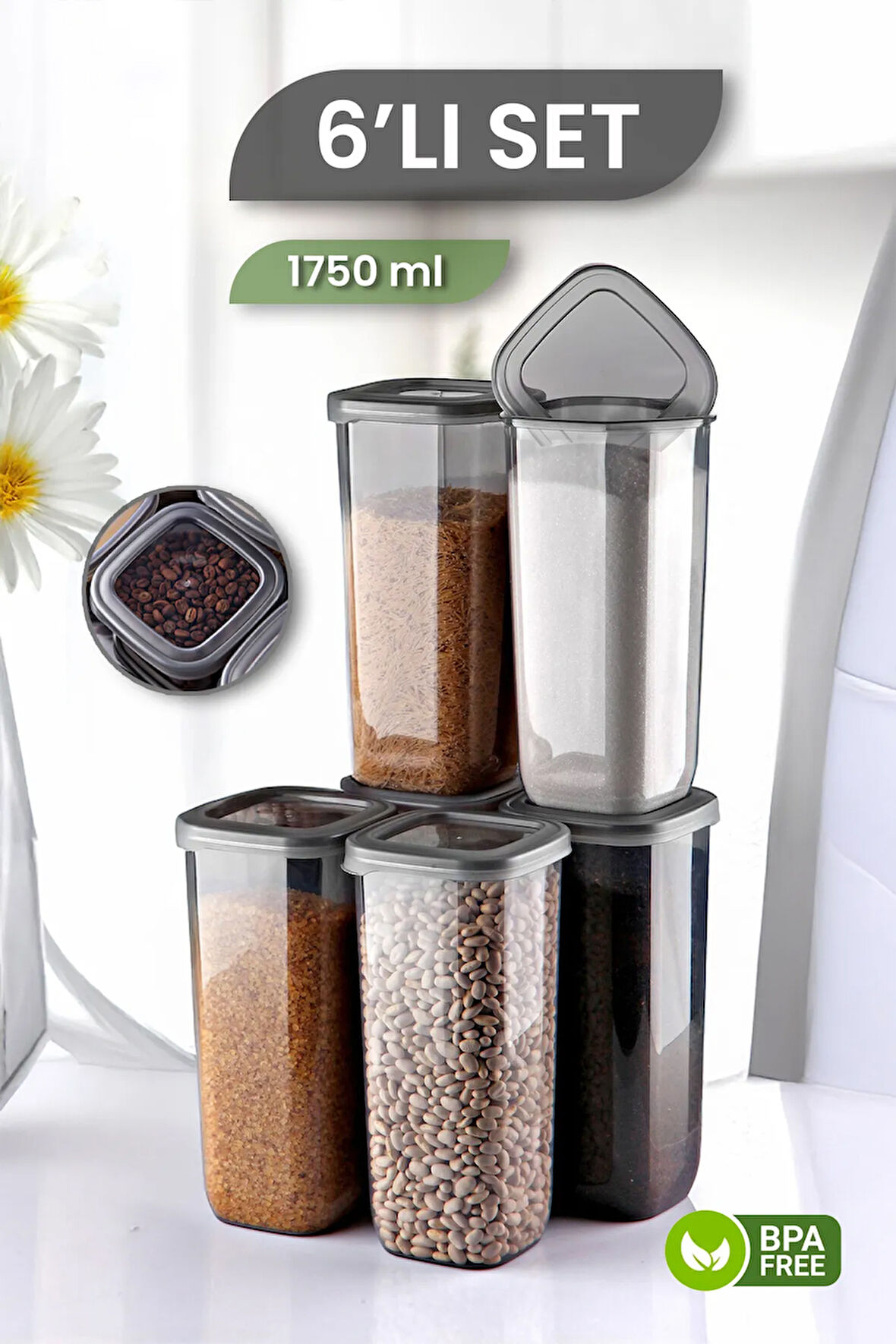 6'lı Jumbo Boy Kare Erzak Saklama Kabı Seti - Sızdırmaz Kapaklı Bakliyat Saklama Kutusu - 1750 ml