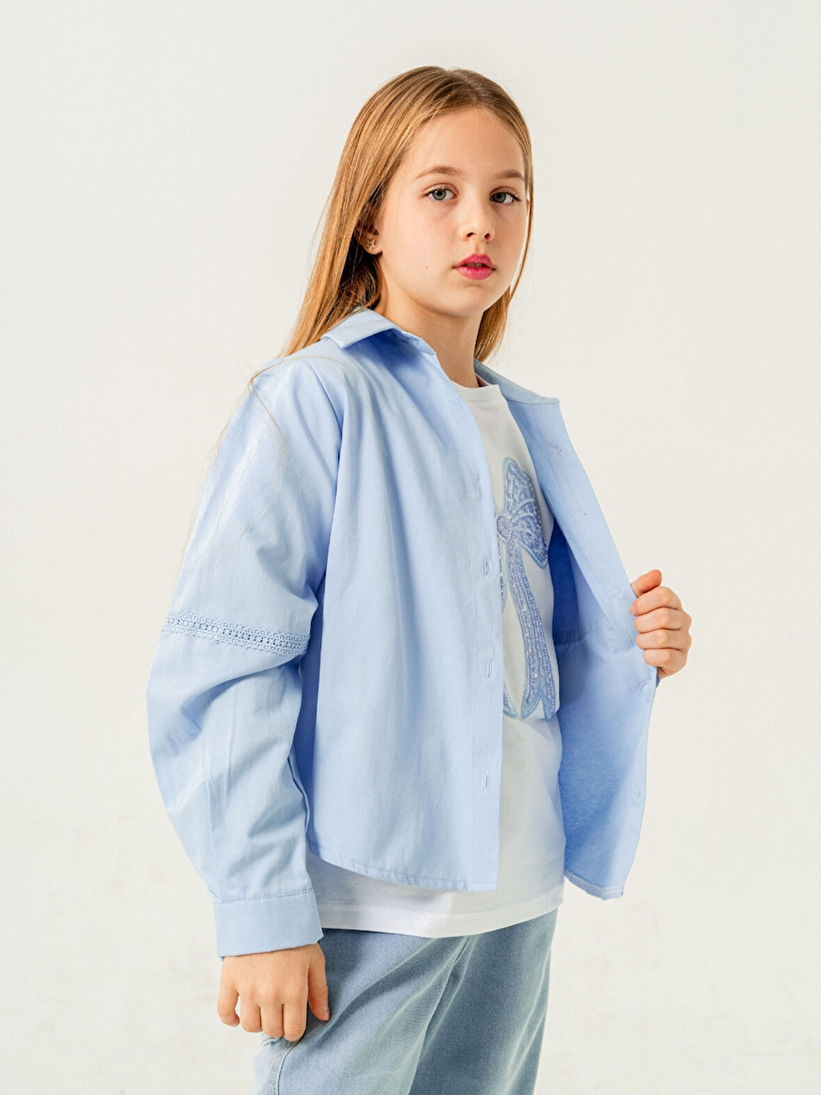 Kız Çocuk Cep Dantelli Gömlek T-Shirt İkili Takım 1803