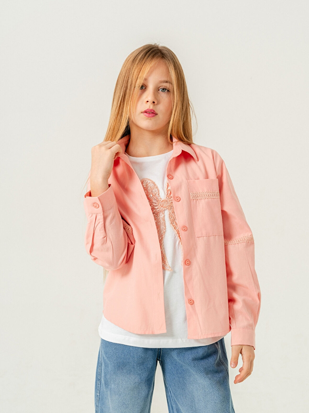 Kız Çocuk Cep Dantelli Gömlek T-Shirt İkili Takım 1803