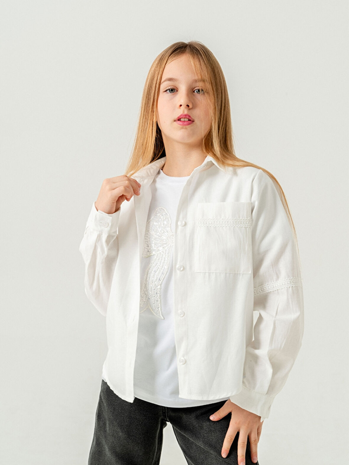 Kız Çocuk Cep Dantelli Gömlek T-Shirt İkili Takım 1803