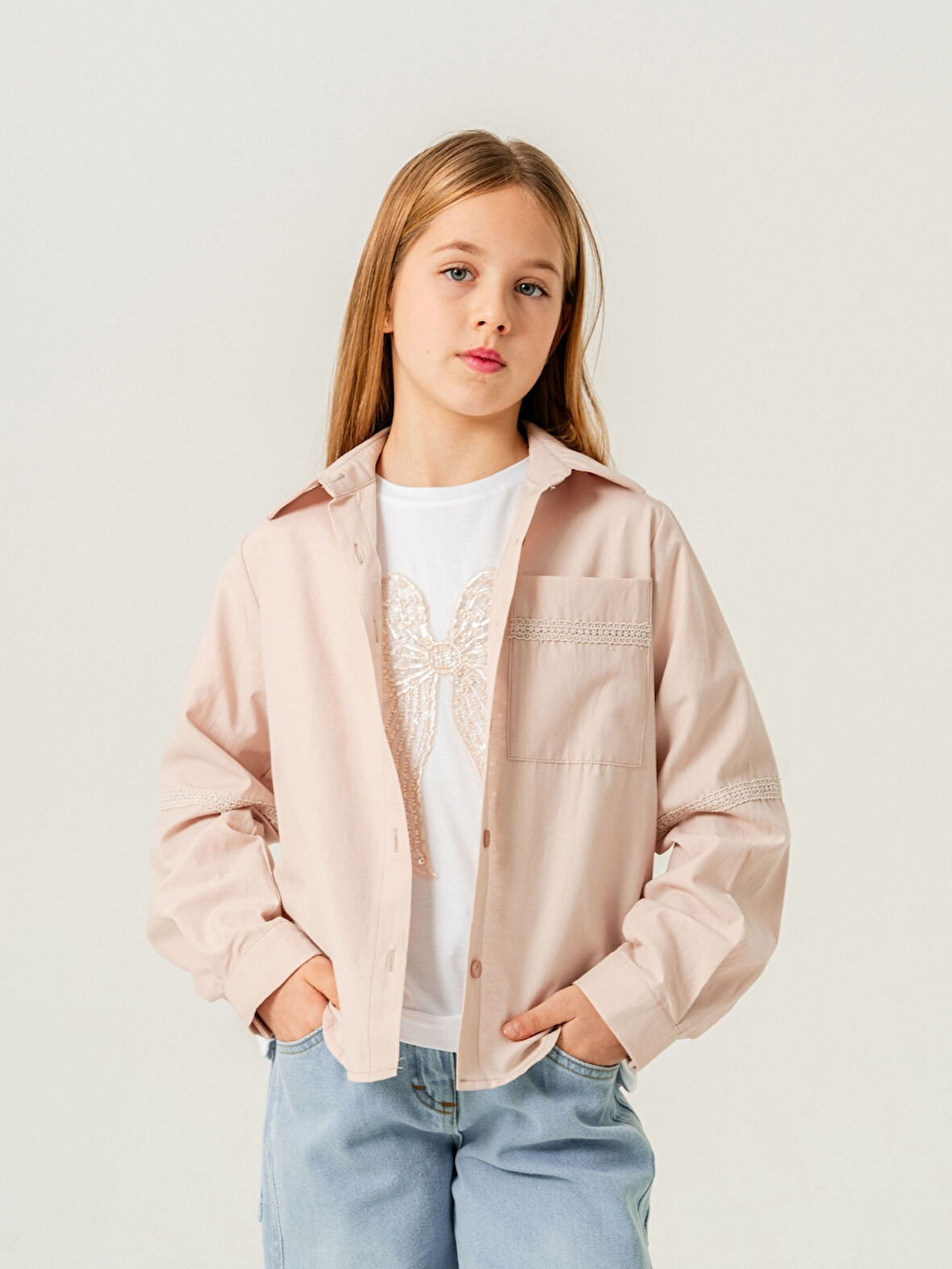 Kız Çocuk Cep Dantelli Gömlek T-Shirt İkili Takım 1803