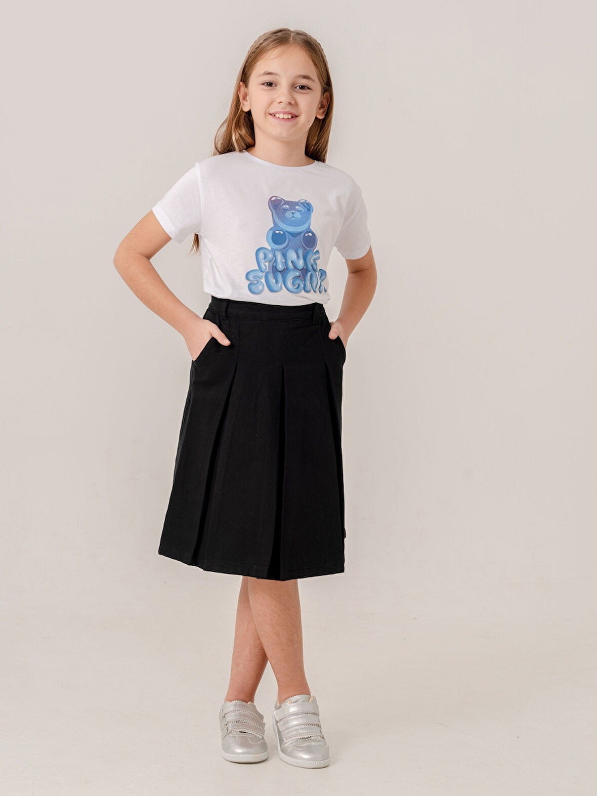 Kız Çocuk Gabardin Pileli Keten Etek 2958