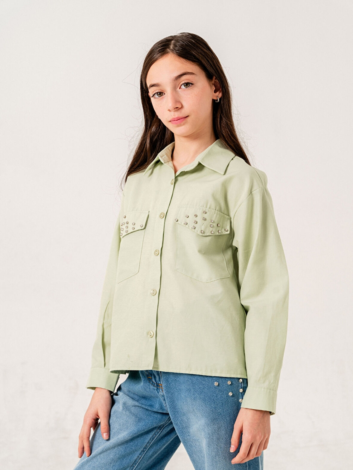 Kız Çocuk Kapak Taşlı Gömlek 3159