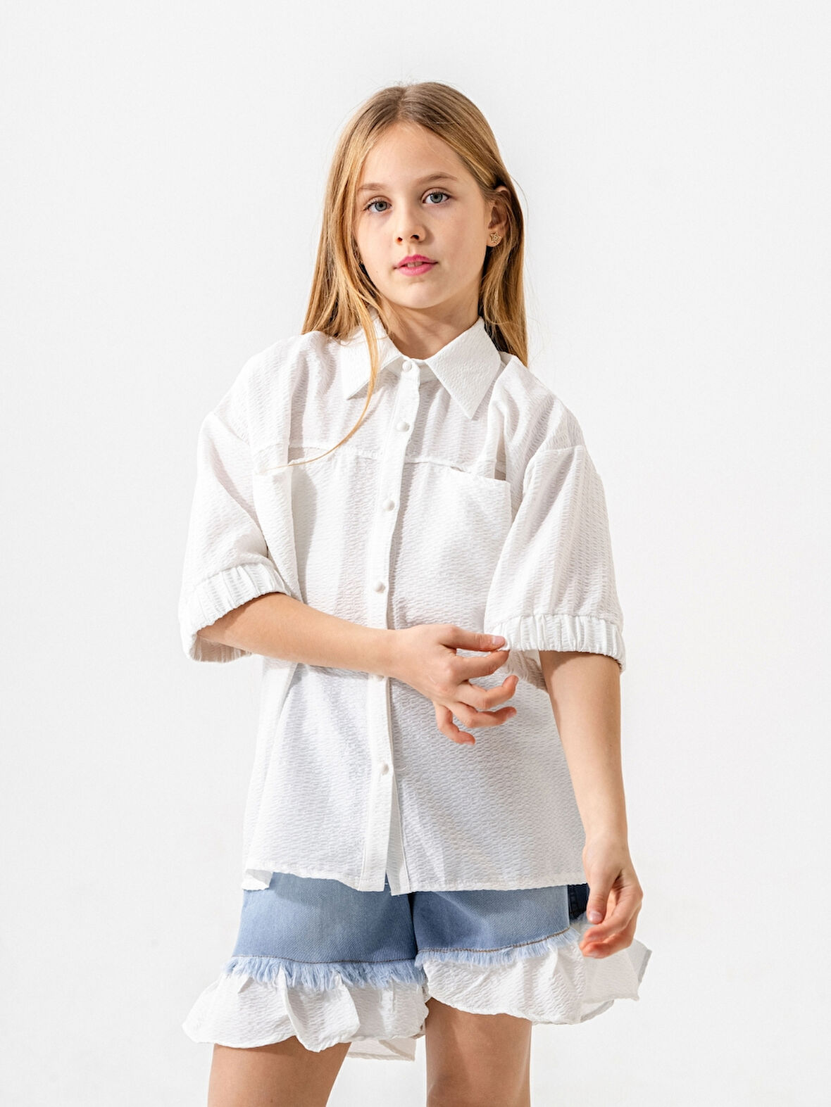 Kız Çocuk Kol Ağzı Lastikli Gömlek 3163