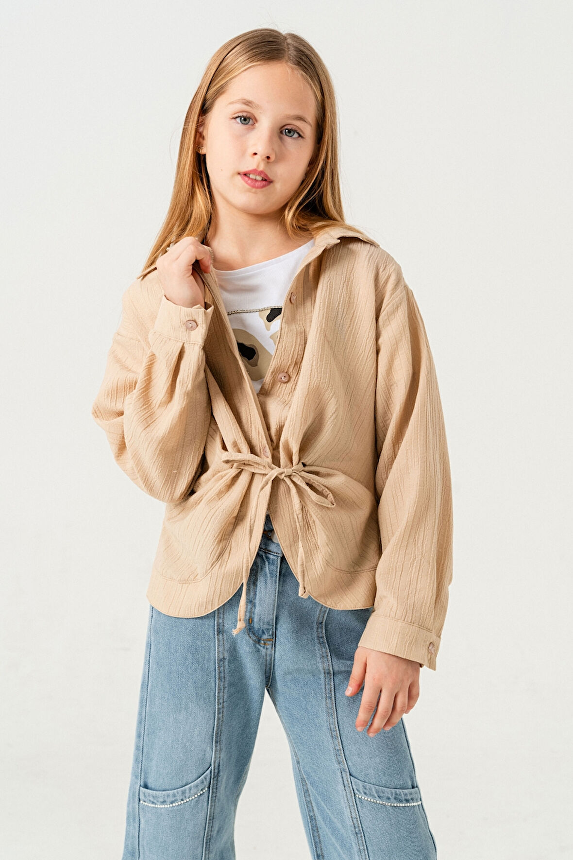 Kız Çocuk Önden Bağcıklı Gömlek T-Shirt İkili Takım 1801