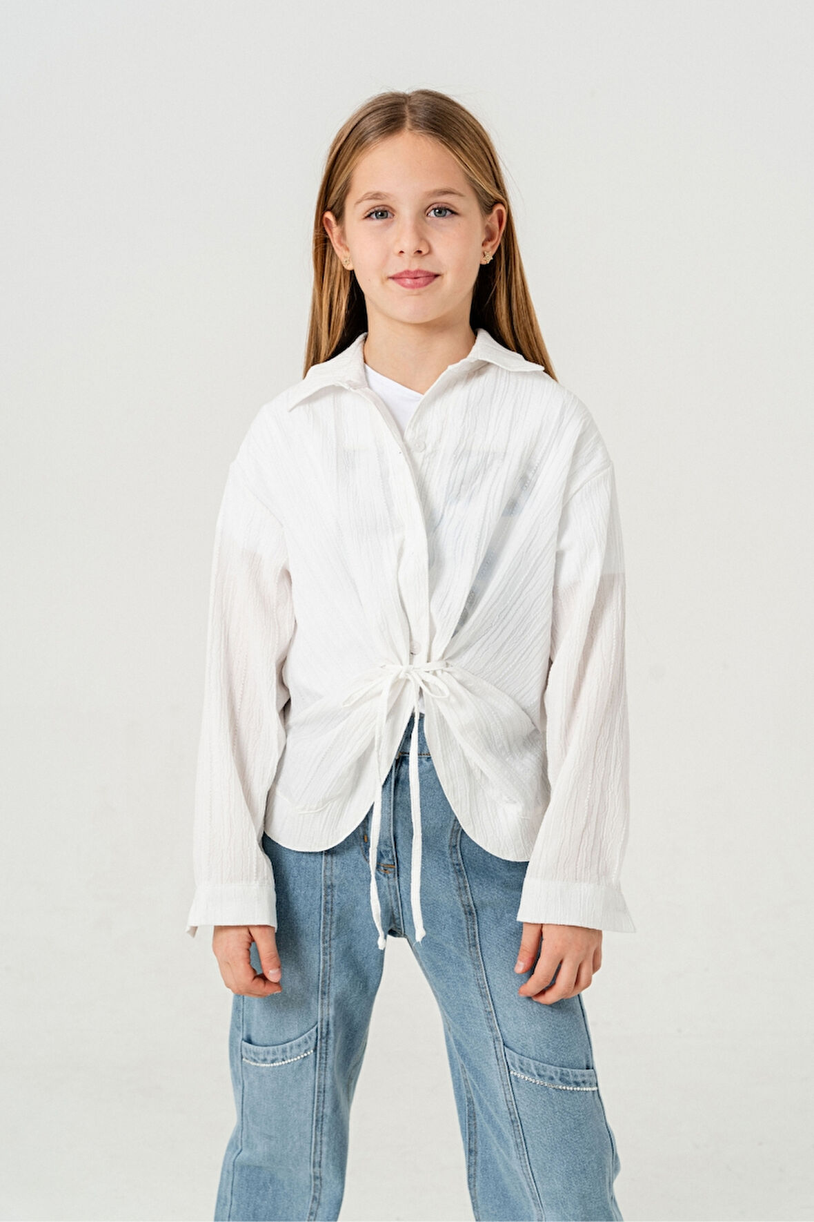 Kız Çocuk Önden Bağcıklı Gömlek T-Shirt İkili Takım 1801