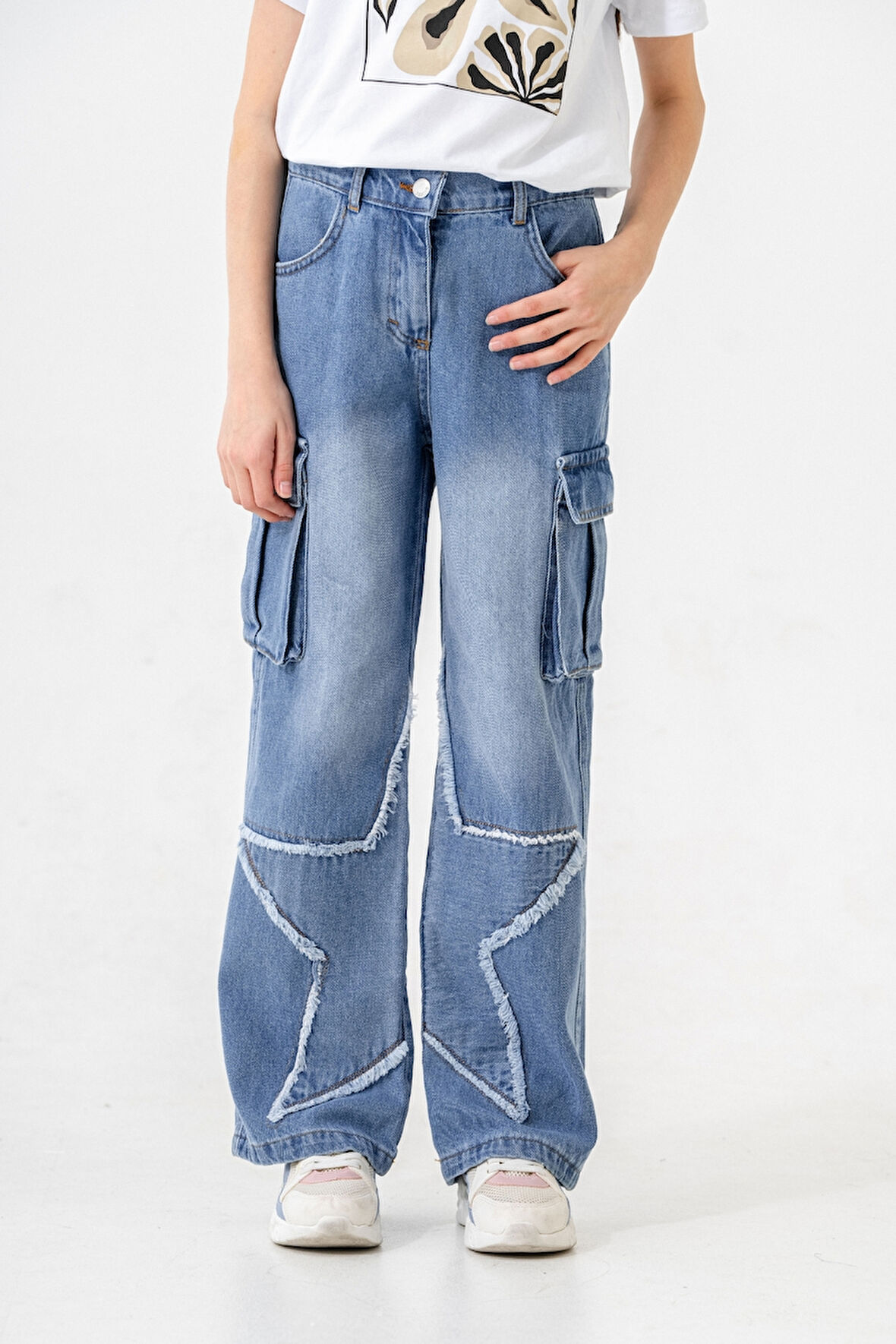 Kız Çocuk Paçası Yıldızlı Kot Pantolon 2203