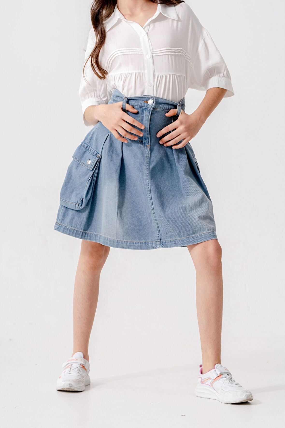 Kız Çocuk Pileli Körük Cepli Kot Etek 2604