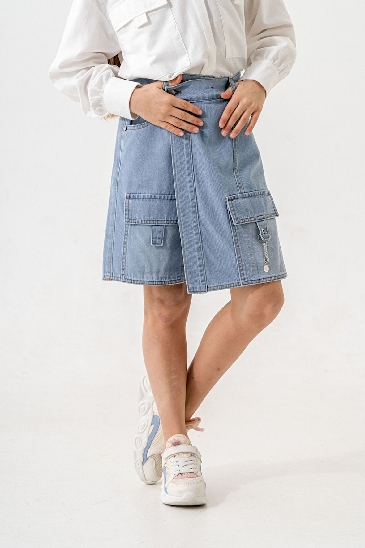 Kız Çocuk Şeritli Kot Şort Etek 2875