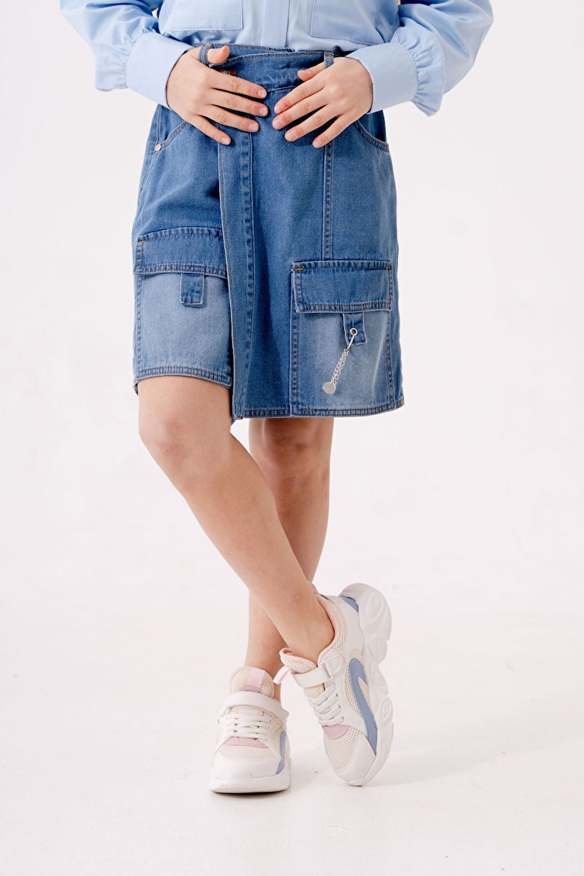 Kız Çocuk Şeritli Kot Şort Etek 2875