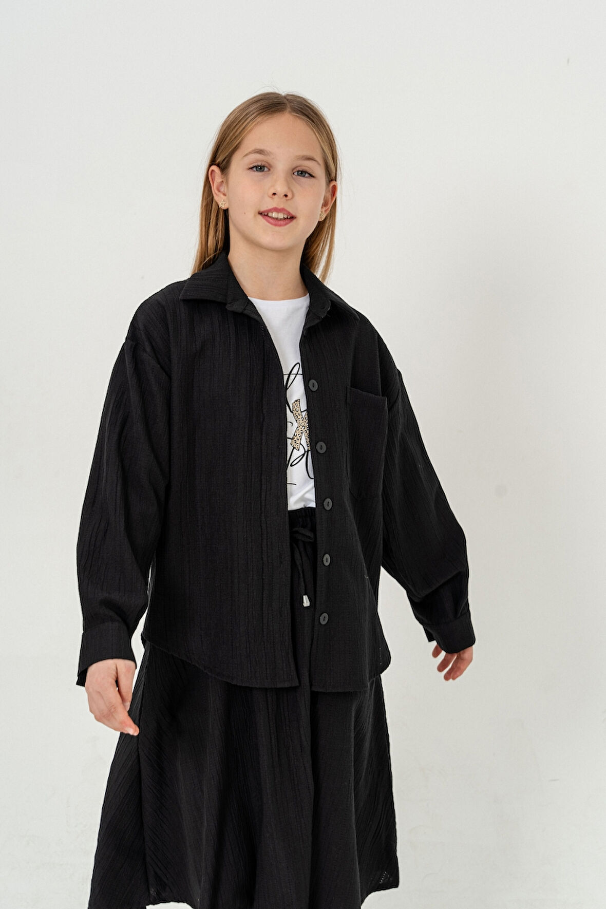 Kız Çocuk Tek Cepli Gömlek T-Shirt İkili Takım 1802