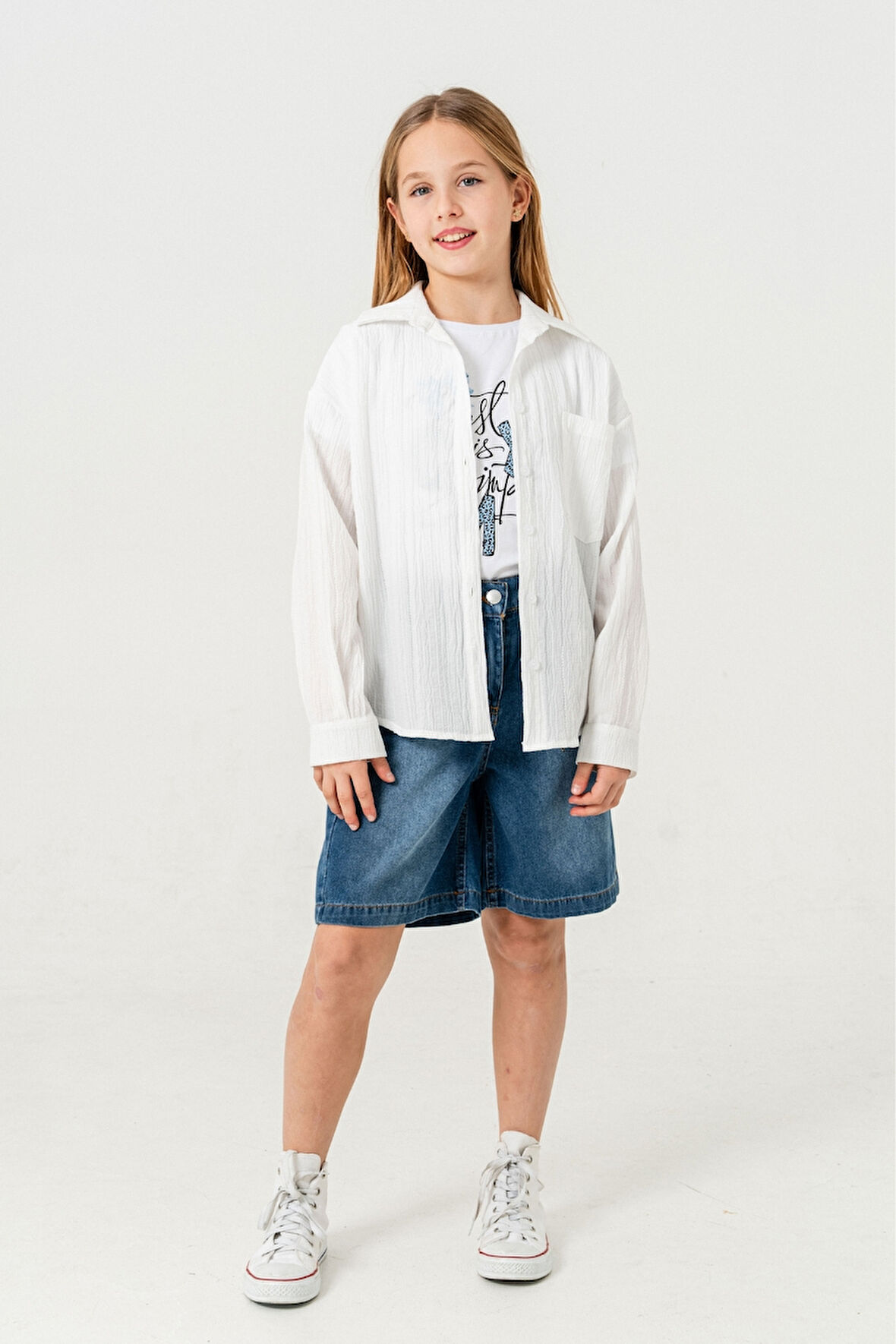 Kız Çocuk Tek Cepli Gömlek T-Shirt İkili Takım 1802