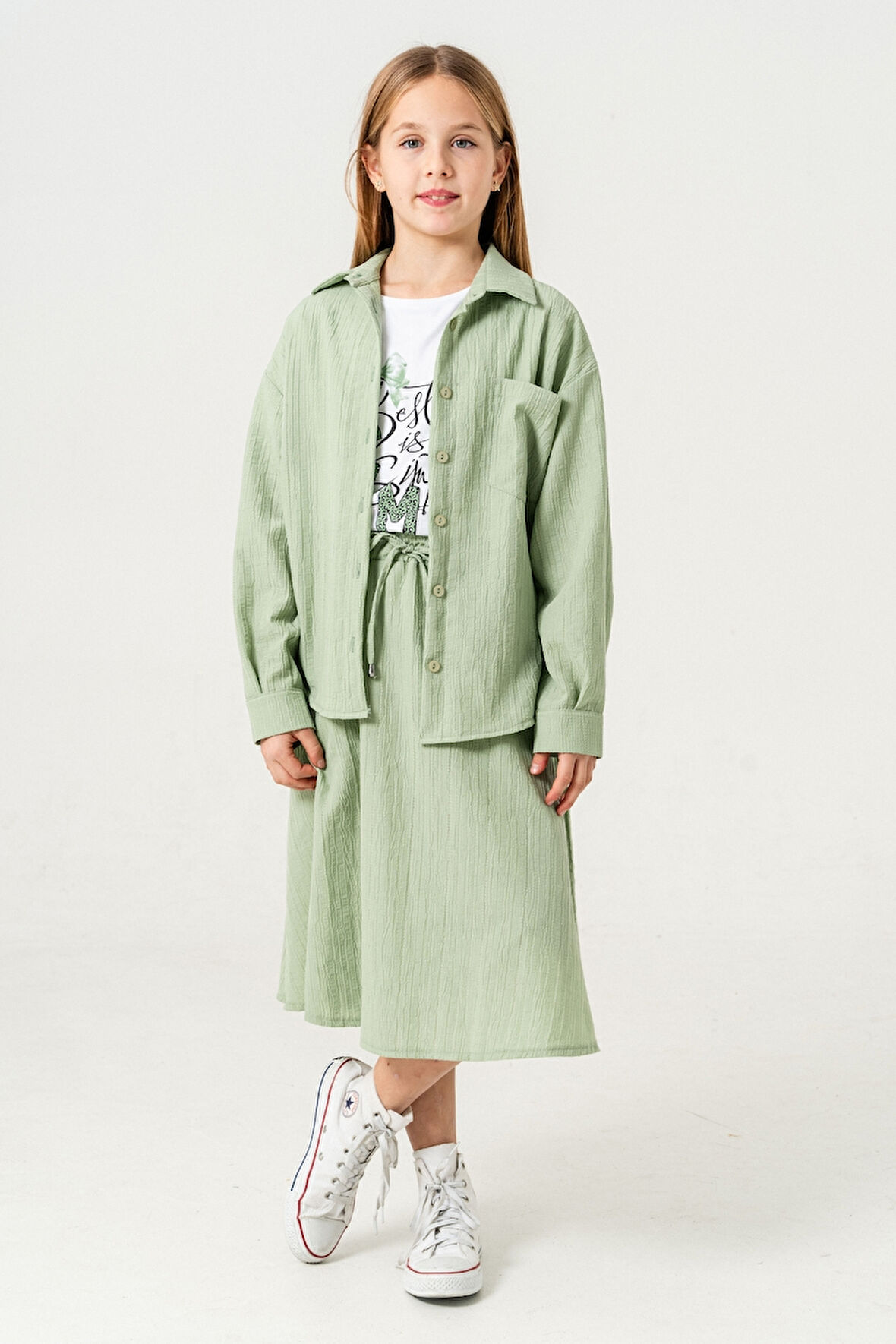 Kız Çocuk Tek Cepli Gömlek T-Shirt İkili Takım 1802