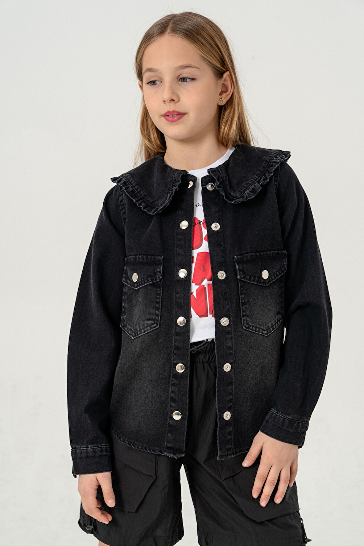 Kız Çocuk Yaka Fırfırlı Gömlek T-Shirt İkili Takım 1800