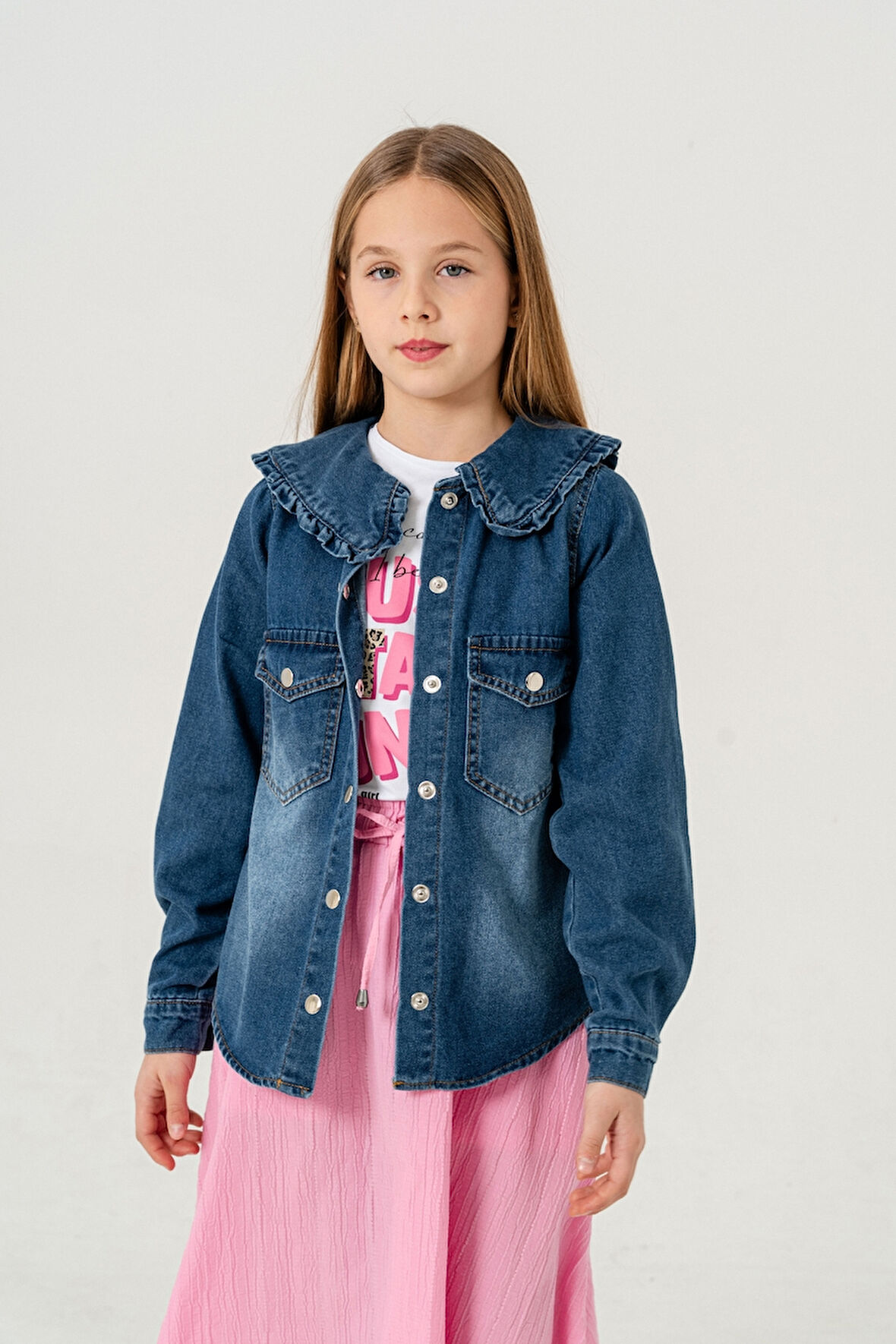 Kız Çocuk Yaka Fırfırlı Gömlek T-Shirt İkili Takım 1800