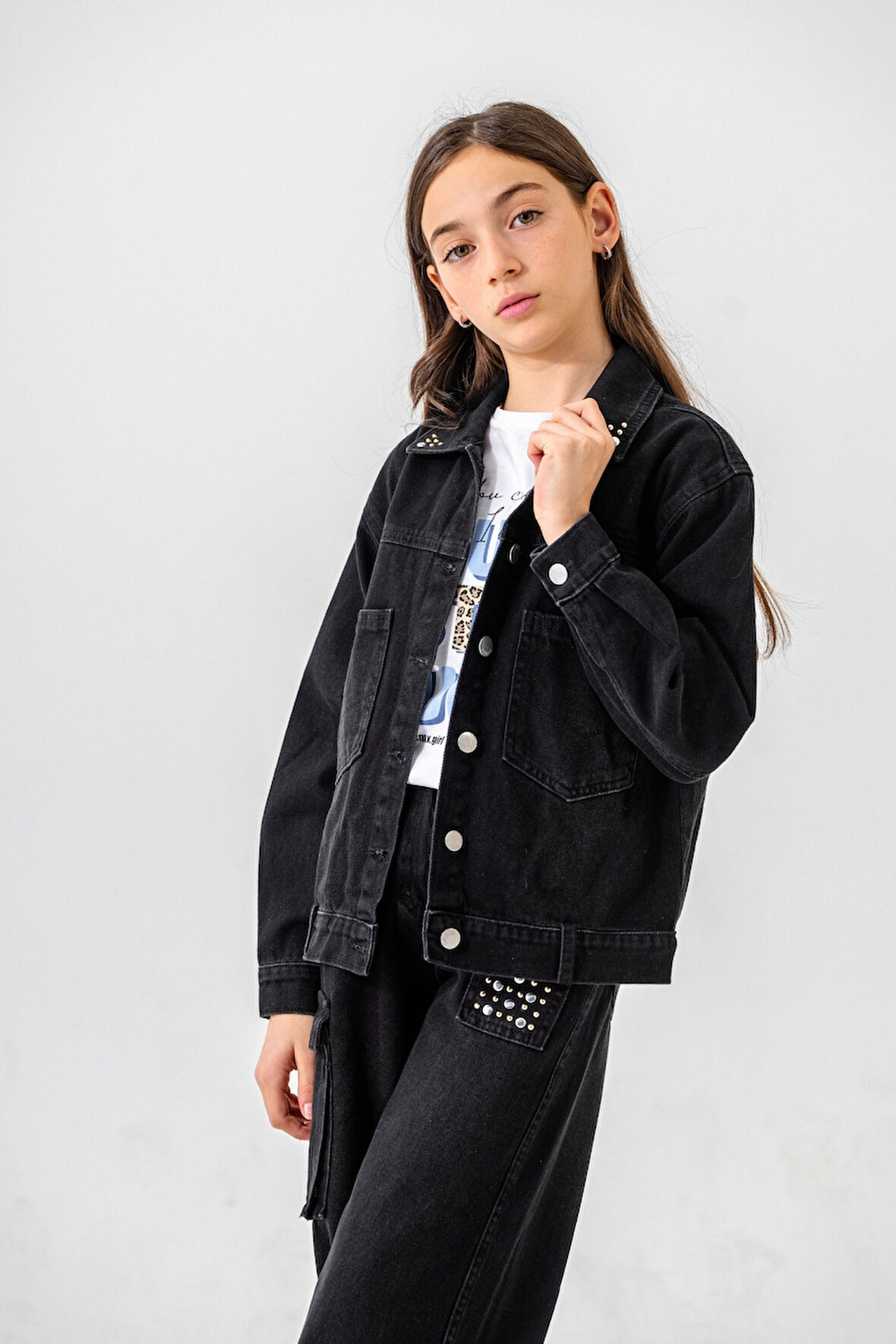 Kız Çocuk Yaka Taşlı Kot Ceket 1548