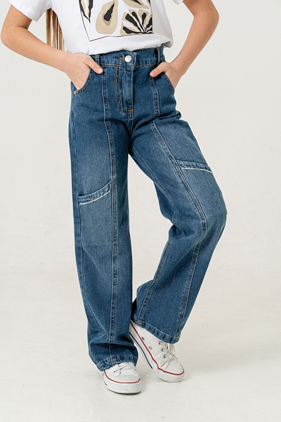 Kız Çocuk Yan Ara Cepli Kot Pantolon 2177