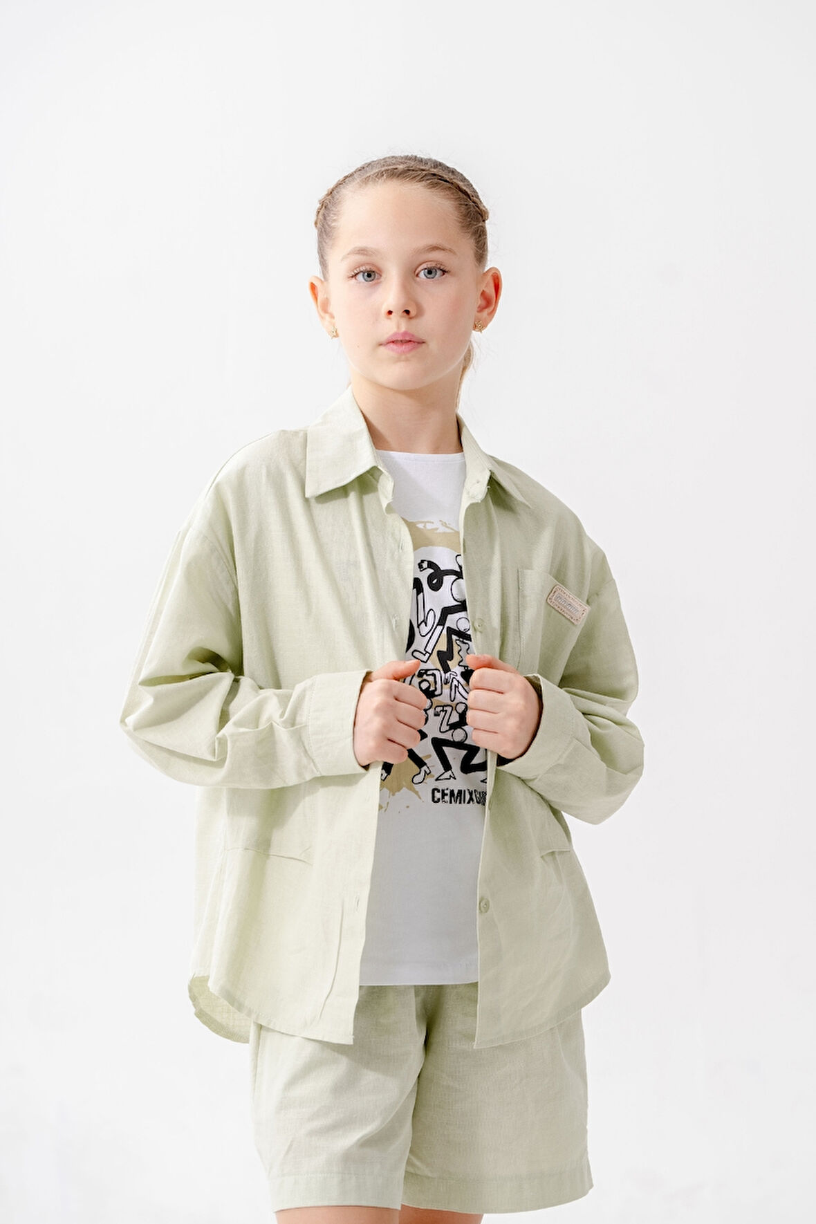 Kız Çocuk Yan Pileli Gömlek T-Shirt İkili Takım 1809