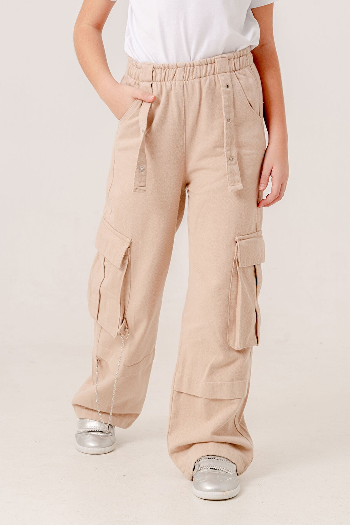 Kız Çocuk Zincirli Kargo Keten Pantolon 2569