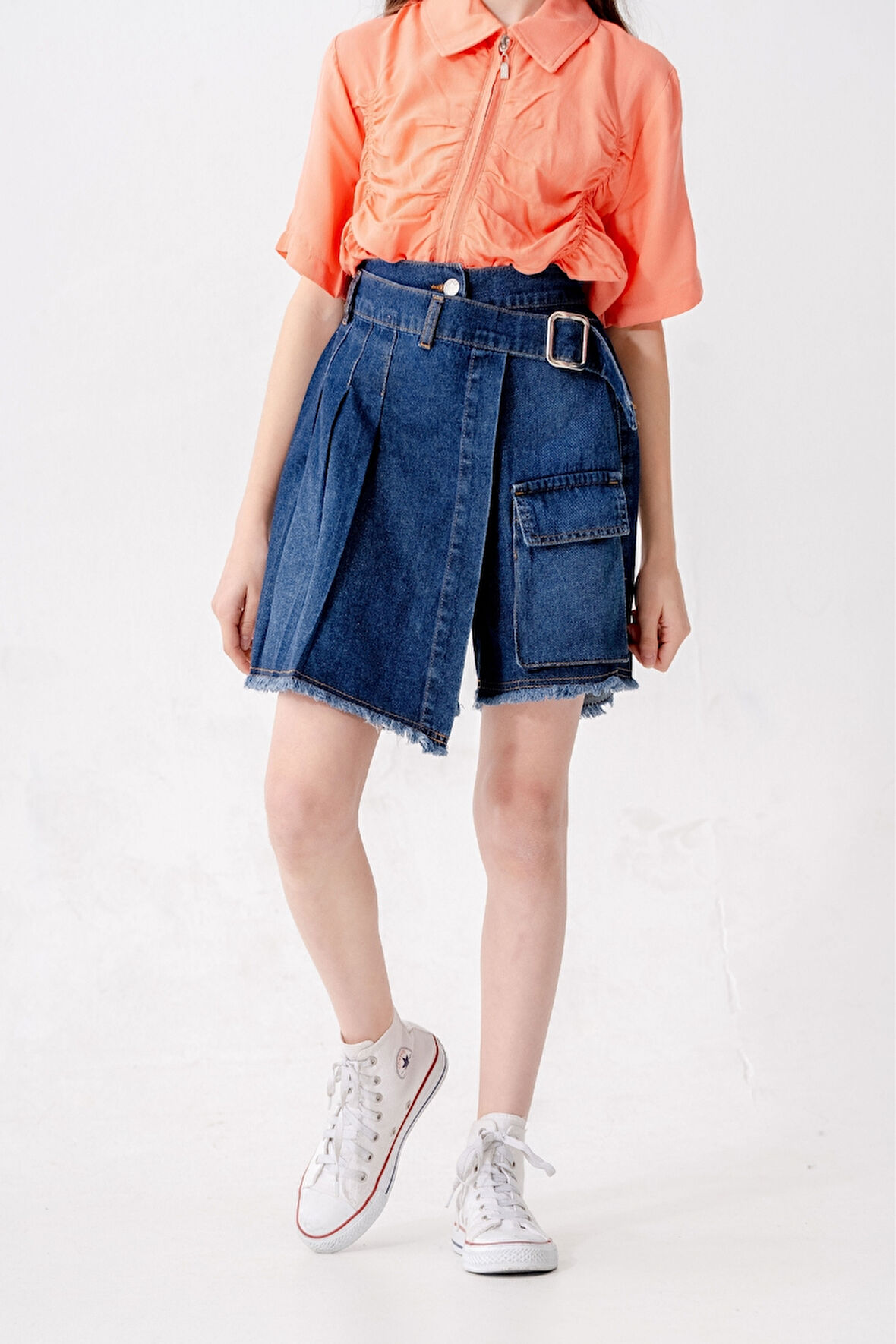 Kız Çocuk Pileli Kot Şort Etek 2873