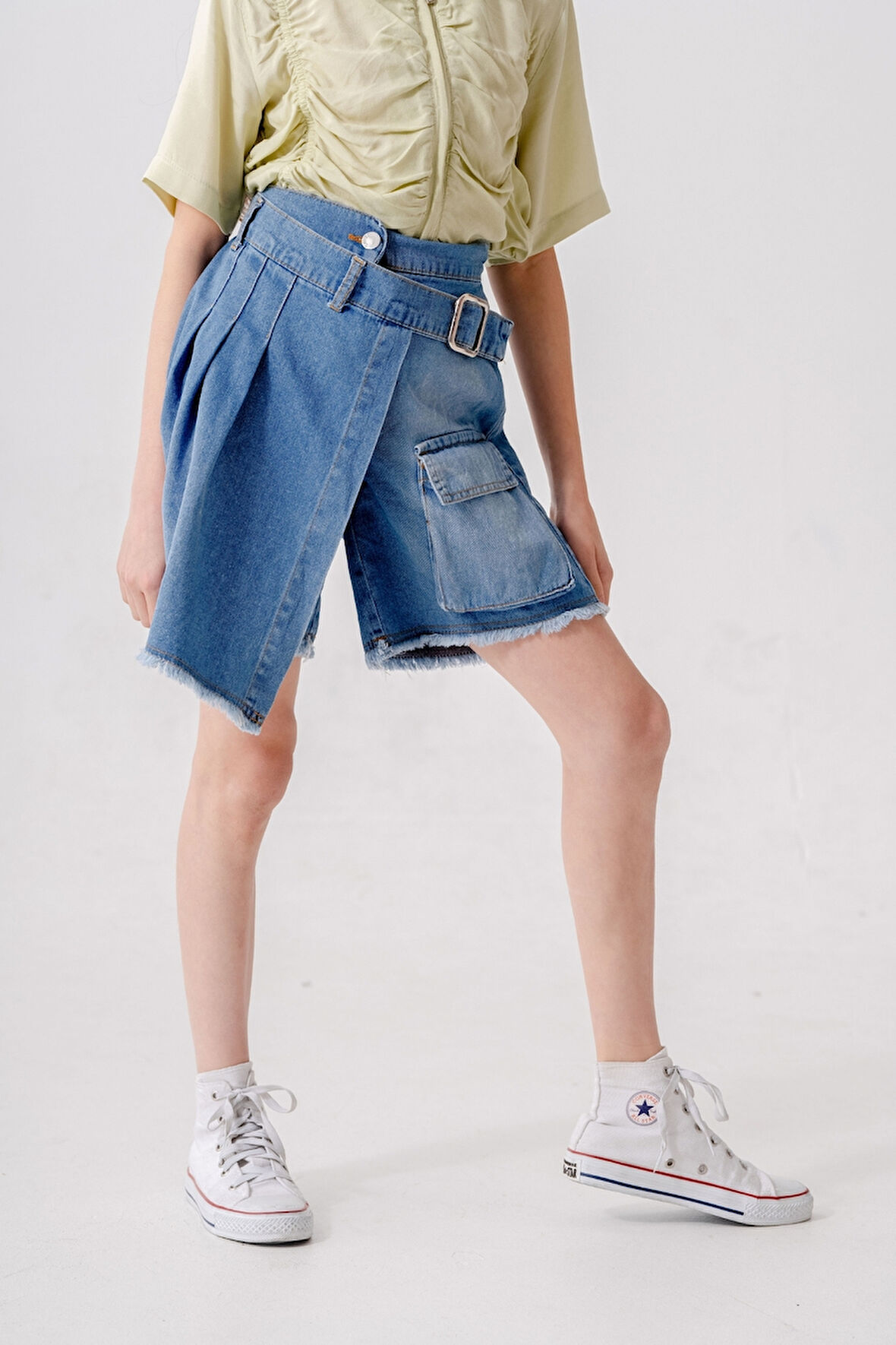 Kız Çocuk Pileli Kot Şort Etek 2873