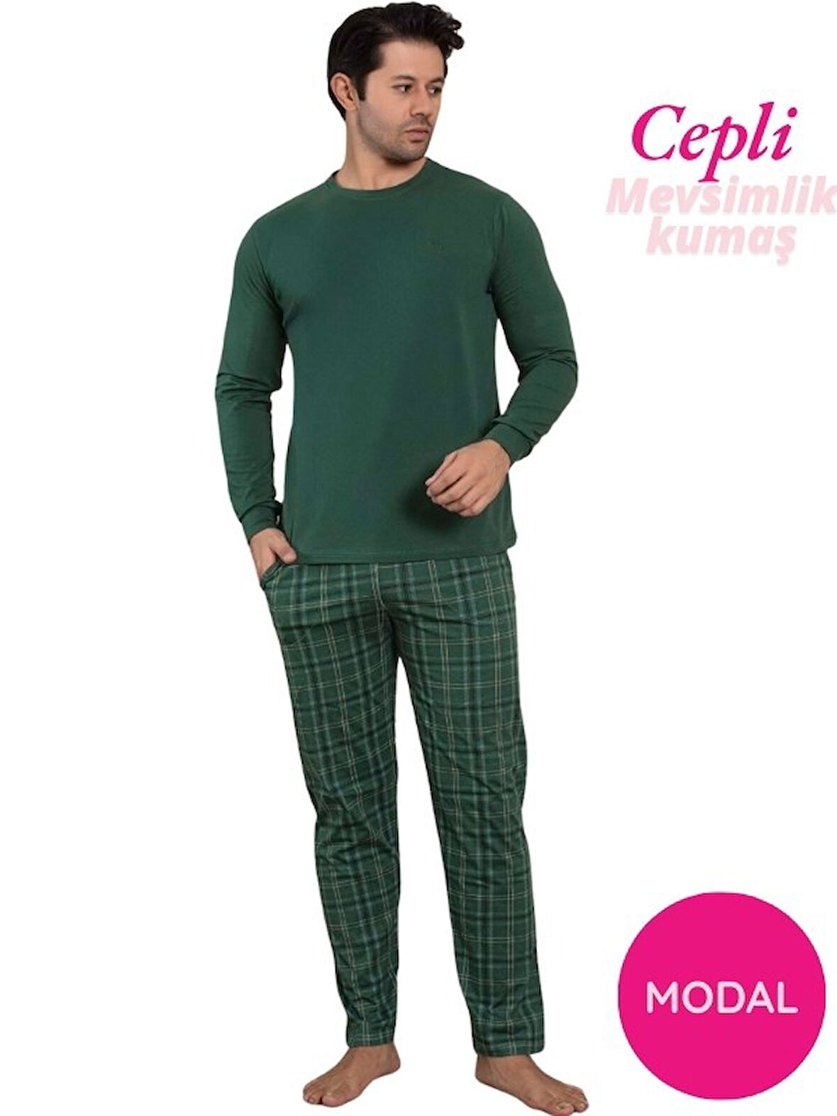 Erkek Bisiklet Yaka Düğmesiz Ekose Desen Modal Mevsimlik Uzun Kol Manşetli Cepli Pijama Takımı