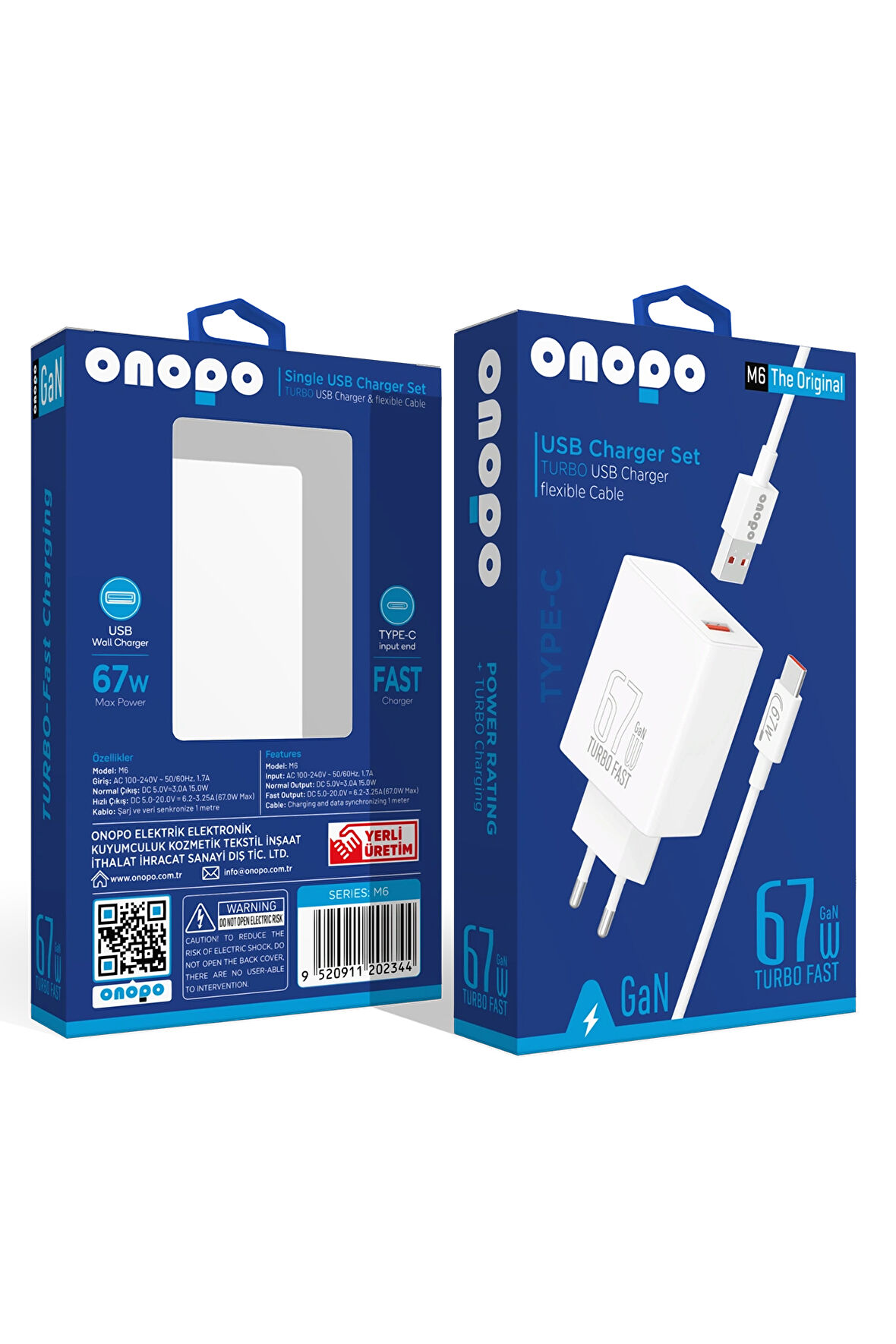 onopo 67w Usb Turbo Hızlı Şarj Aleti Seti Esnek Kablo Type-c - M6