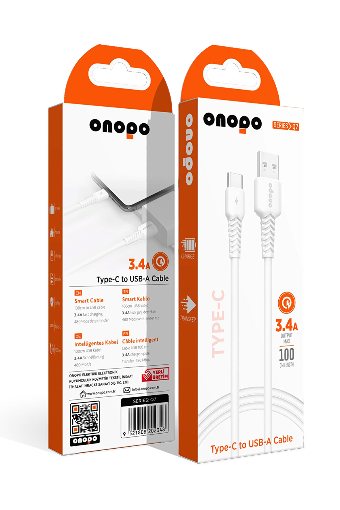 onopo Android Xiaomi Ve Samsung Uyumlu Type-C To USB Kablo 3.4A Uyumlu Hızlı Şarj ve Data Kablosu 1M - Q7