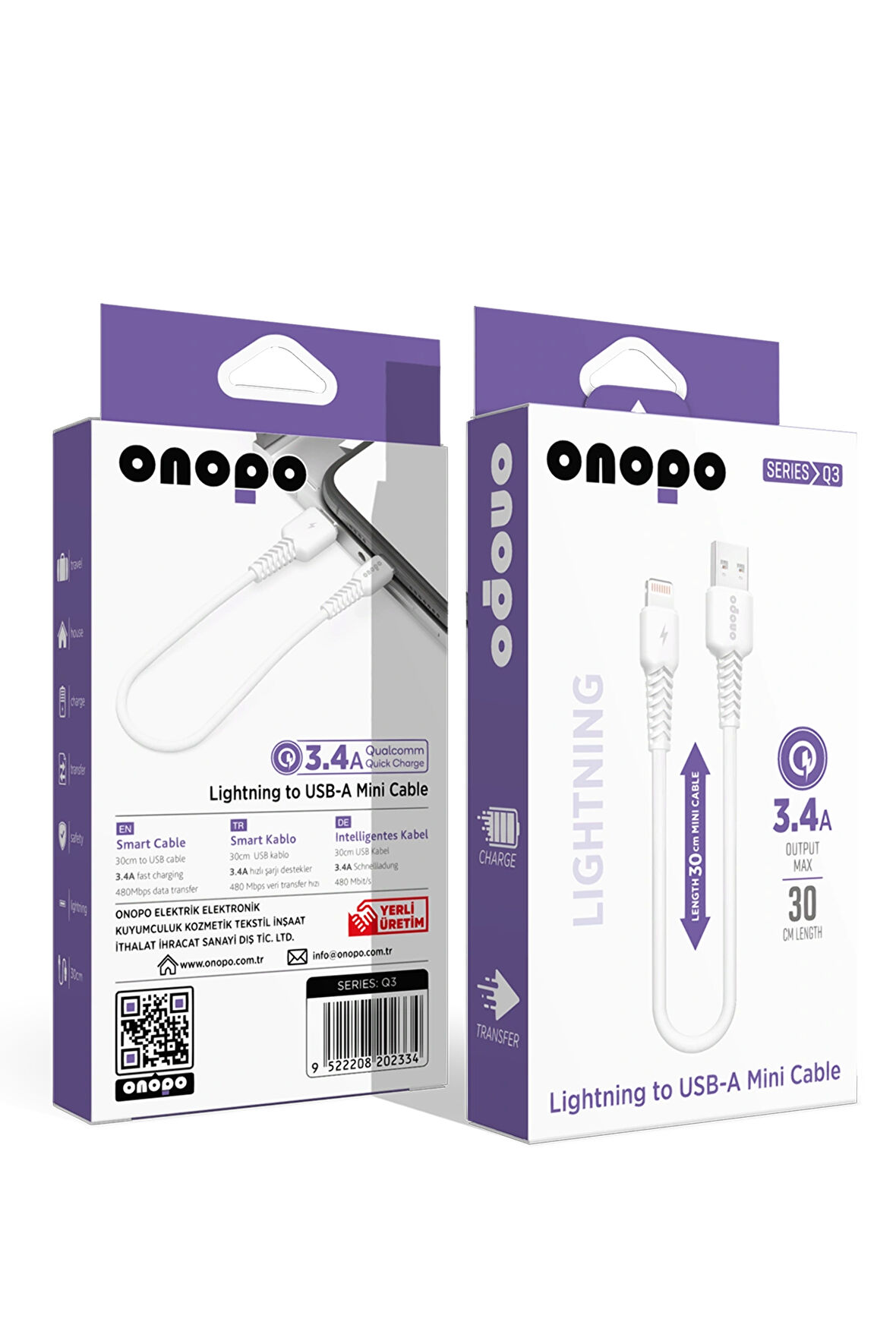 onopo İphone Apple Uyumlu  Lightning To USB Mini Kablo 3.4A Hızlı Şarj ve Data Kablosu 30CM - Q3